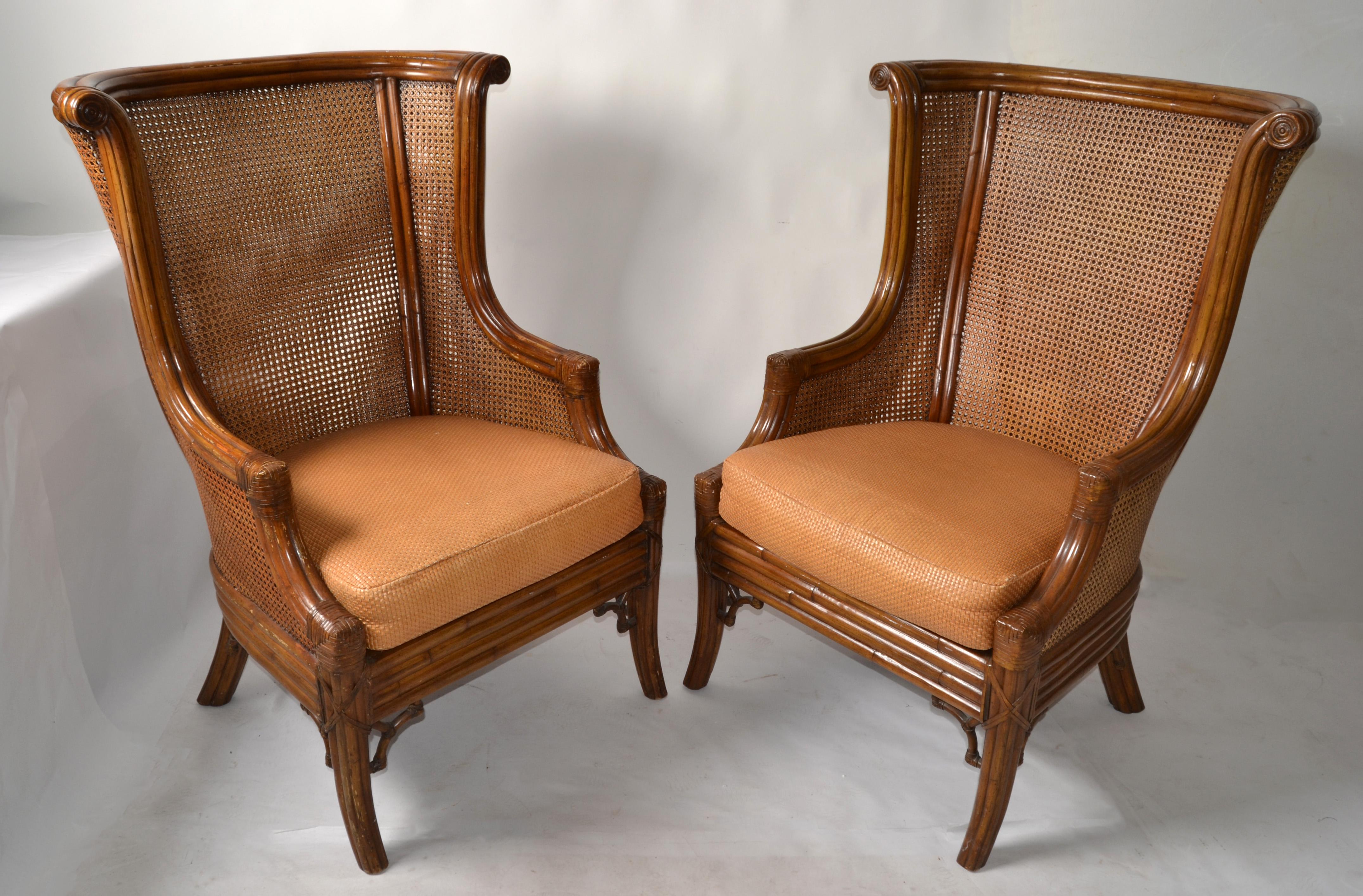 Pair 1970s Lane Venture Carved Faux Bamboo Handwoven Caning Wingback Chairs USA For Sale 4