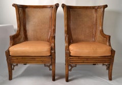 Pair 1970s Lane Venture Carved Faux Bamboo Handwoven Caning Wingback Chairs USA