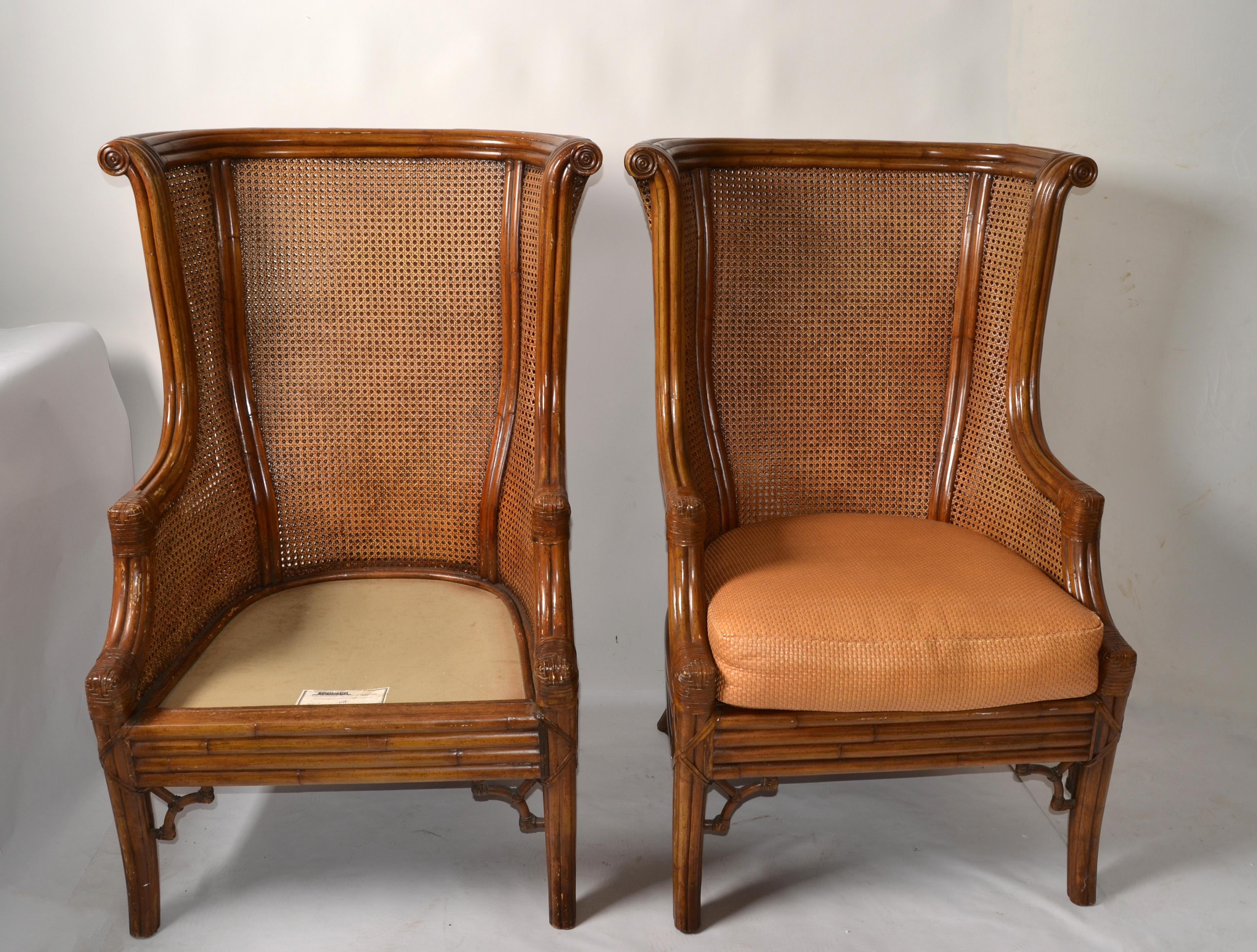 British Colonial Pair 1970s Lane Venture Carved Faux Bamboo Handwoven Caning Wingback Chairs USA For Sale