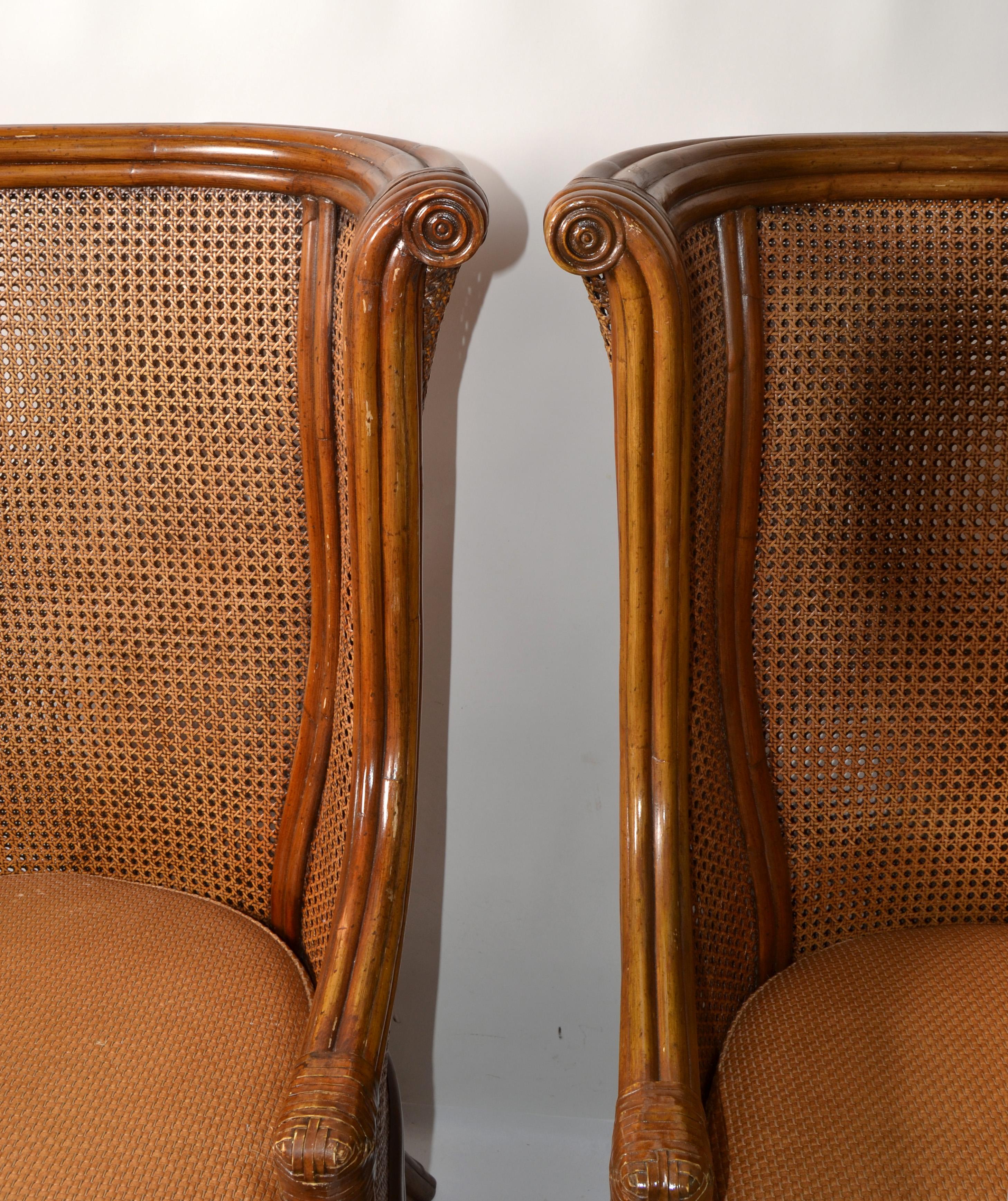 American Pair 1970s Lane Venture Carved Faux Bamboo Handwoven Caning Wingback Chairs USA For Sale