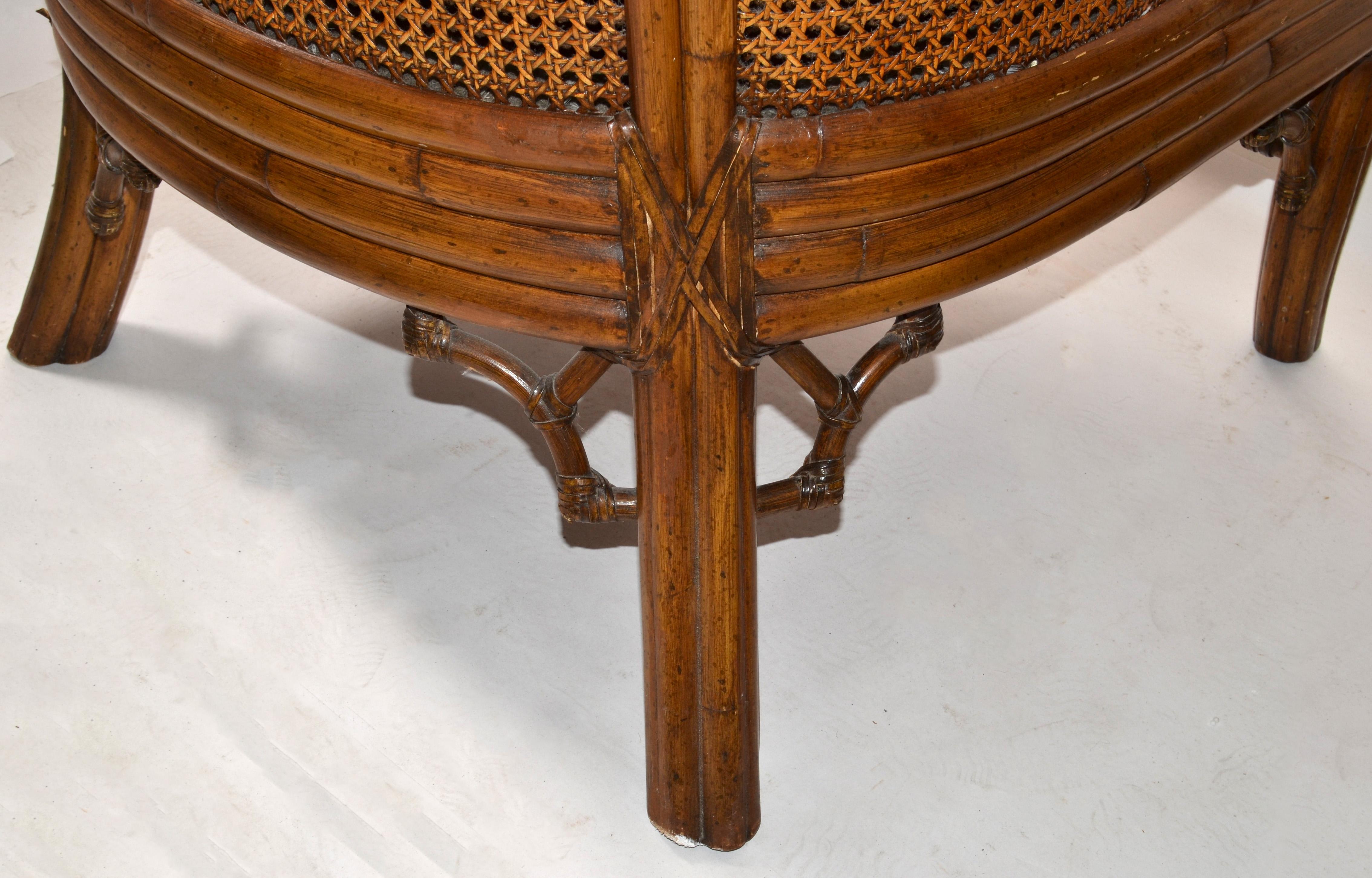 Pair 1970s Lane Venture Carved Faux Bamboo Handwoven Caning Wingback Chairs USA In Good Condition In Miami, FL