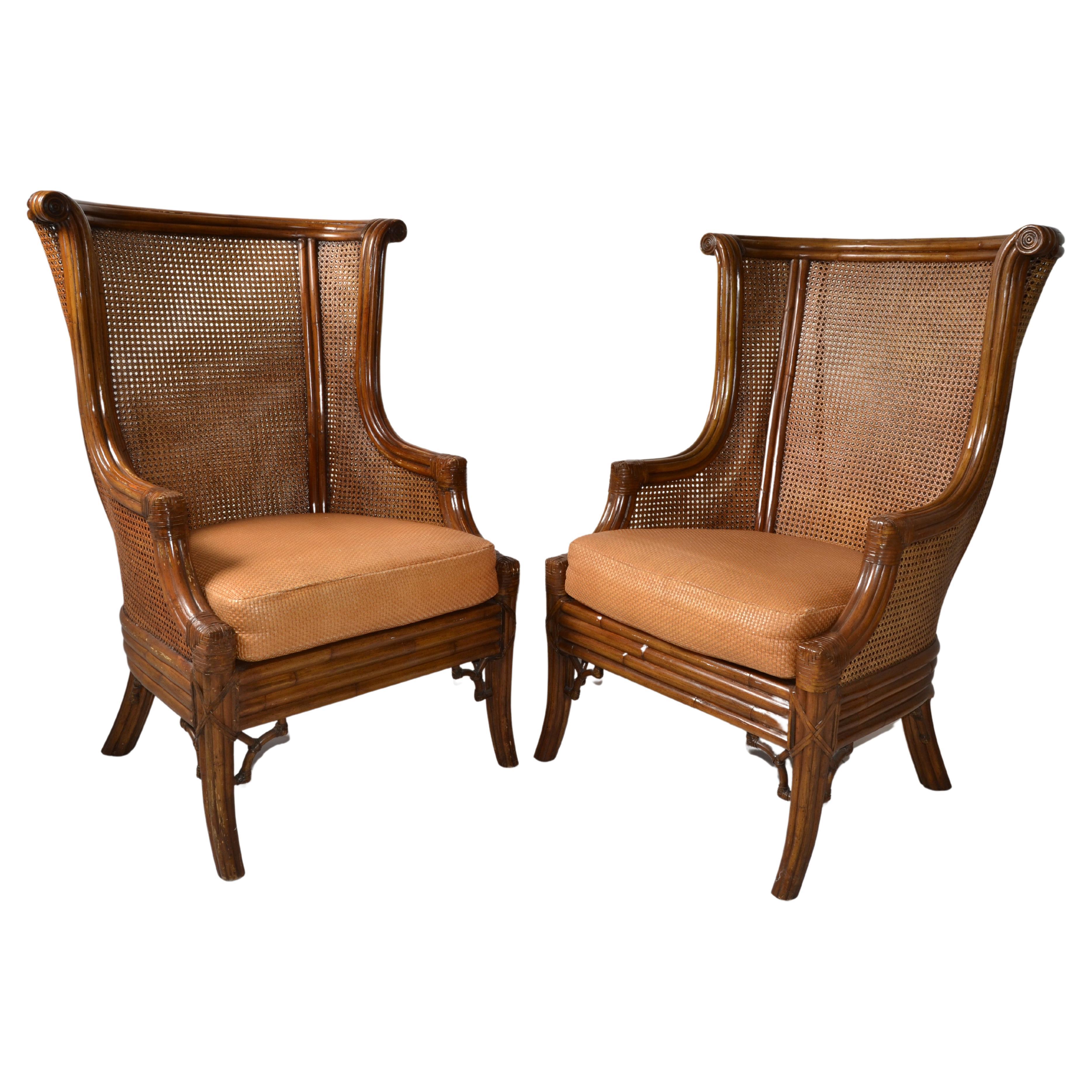 Pair 1970s Lane Venture Carved Faux Bamboo Handwoven Caning Wingback Chairs USA For Sale