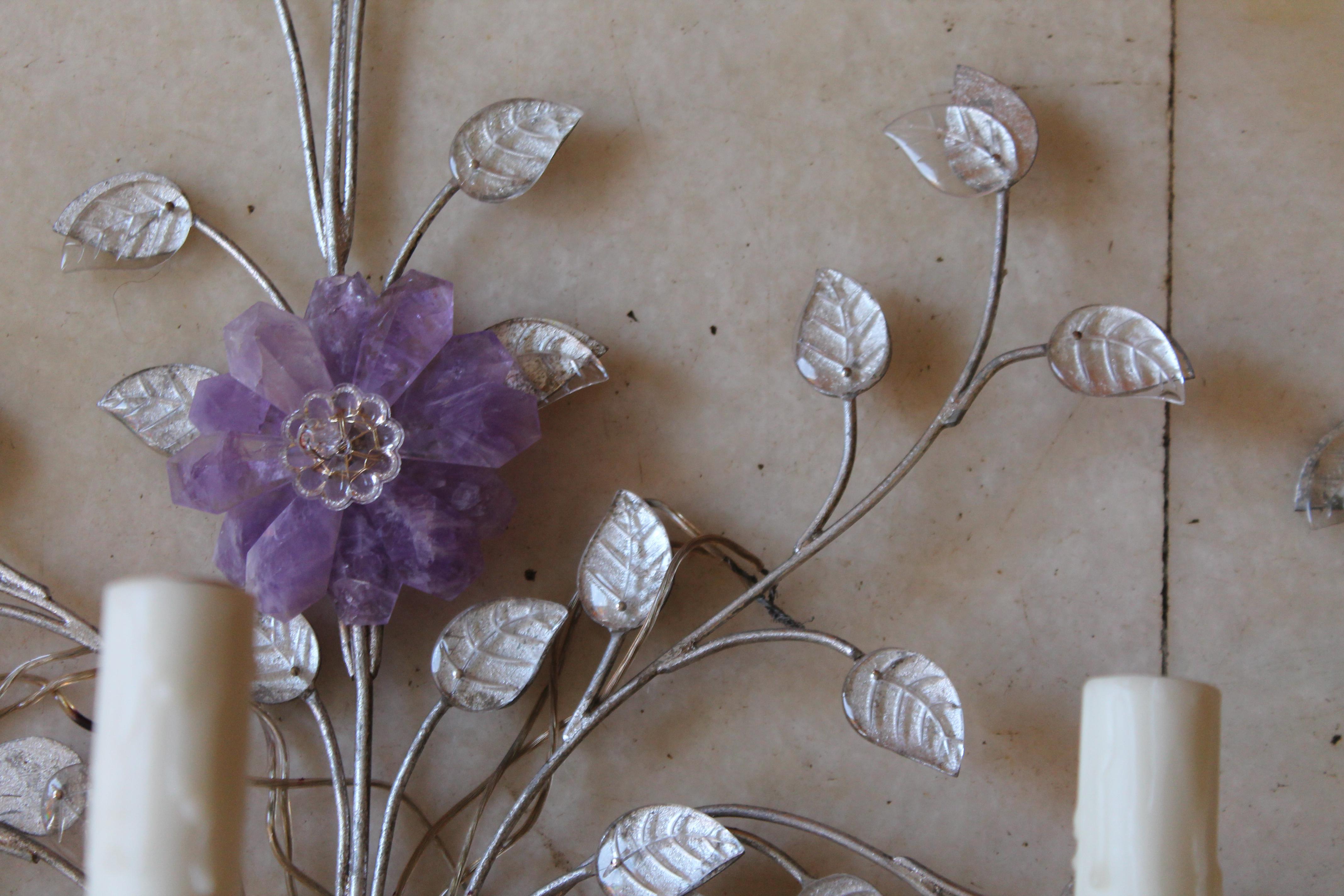 Pair 1970's Large Regency Amethyst Rock Crystal Flower Form Wall Sconces- Bagues For Sale 4
