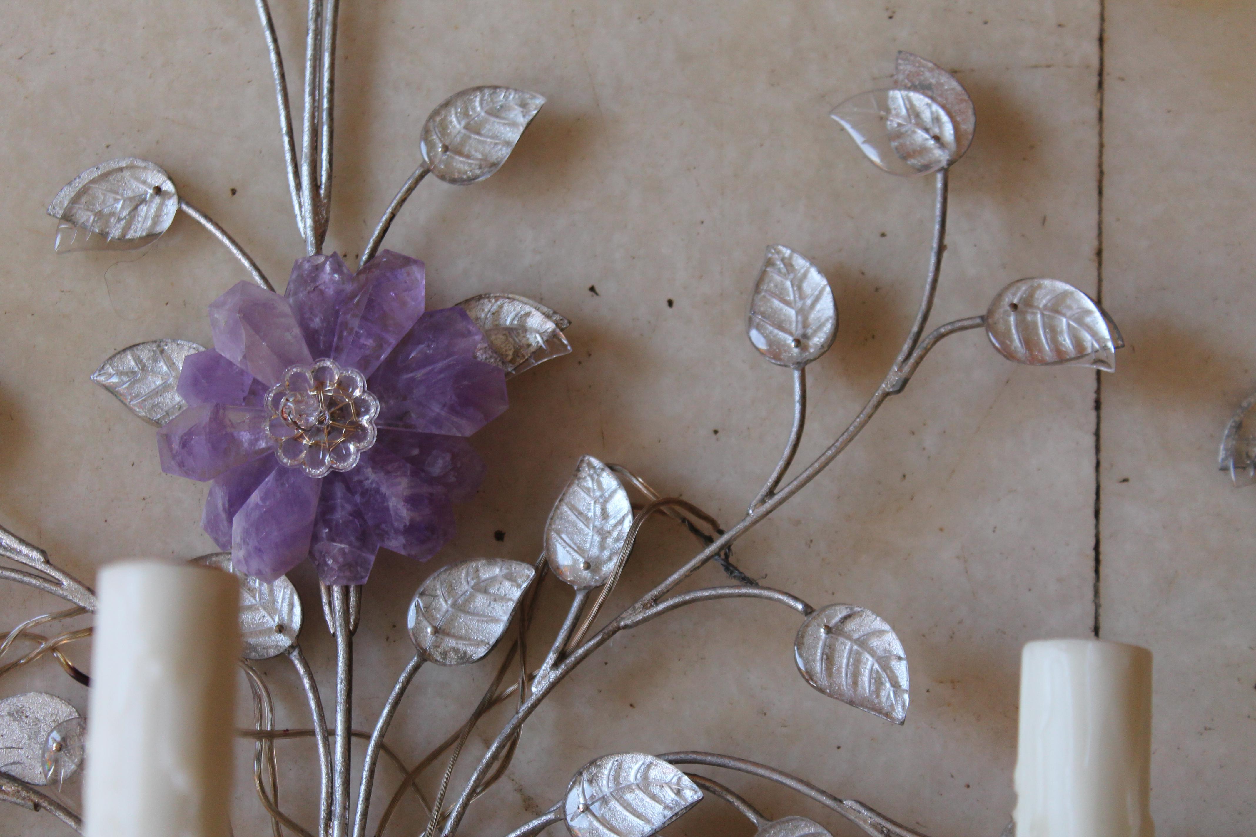 Pair 1970's Large Regency Amethyst Rock Crystal Flower Form Wall Sconces- Bagues For Sale 7