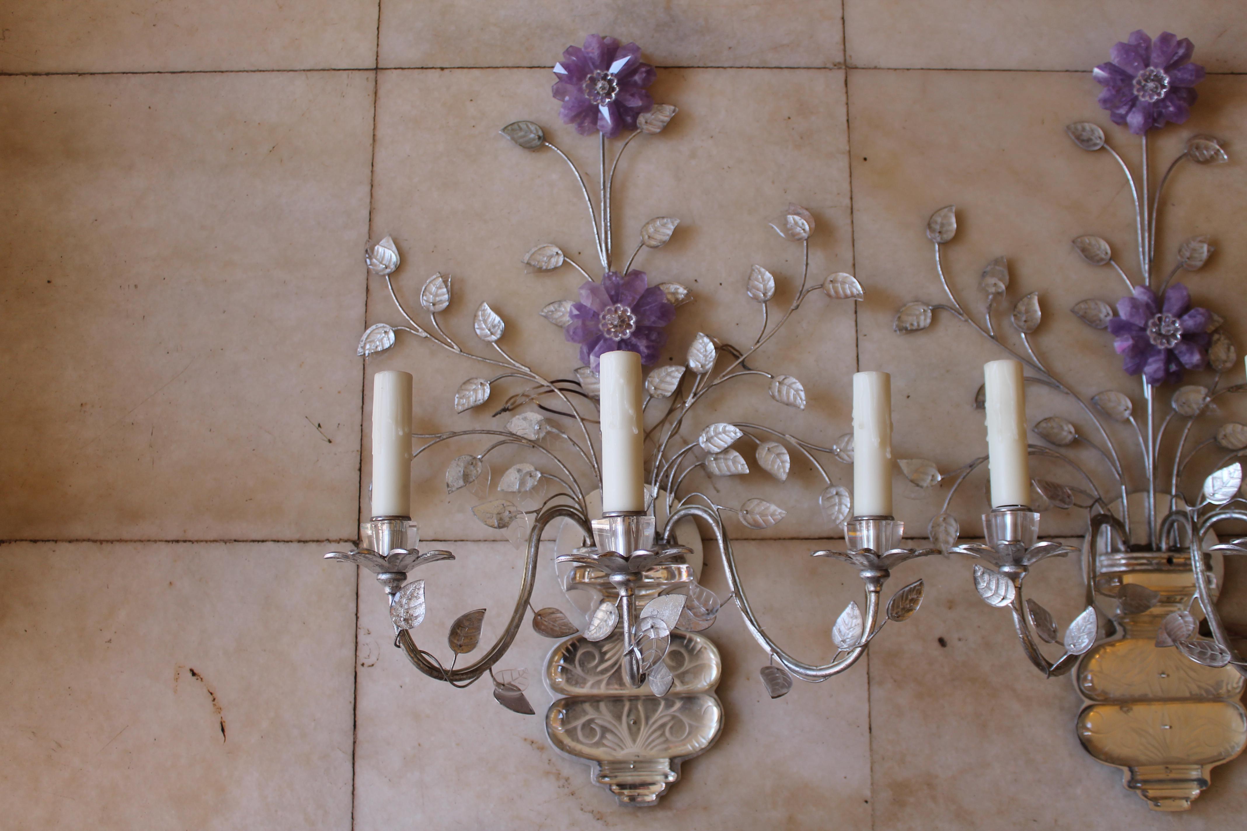 Rare and Unusual Pair of French Amethyst Rock Crystal and Crystal Petal Form Floral Bouquet Wall Sconces attributed to Maison Bagues. This pair is stunning with the full bloom rock crystal flowers and the lovely petals on vines. French estate.