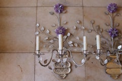 Pair 1970's Large Regency Amethyst Rock Crystal Flower Form Wall Sconces- Bagues