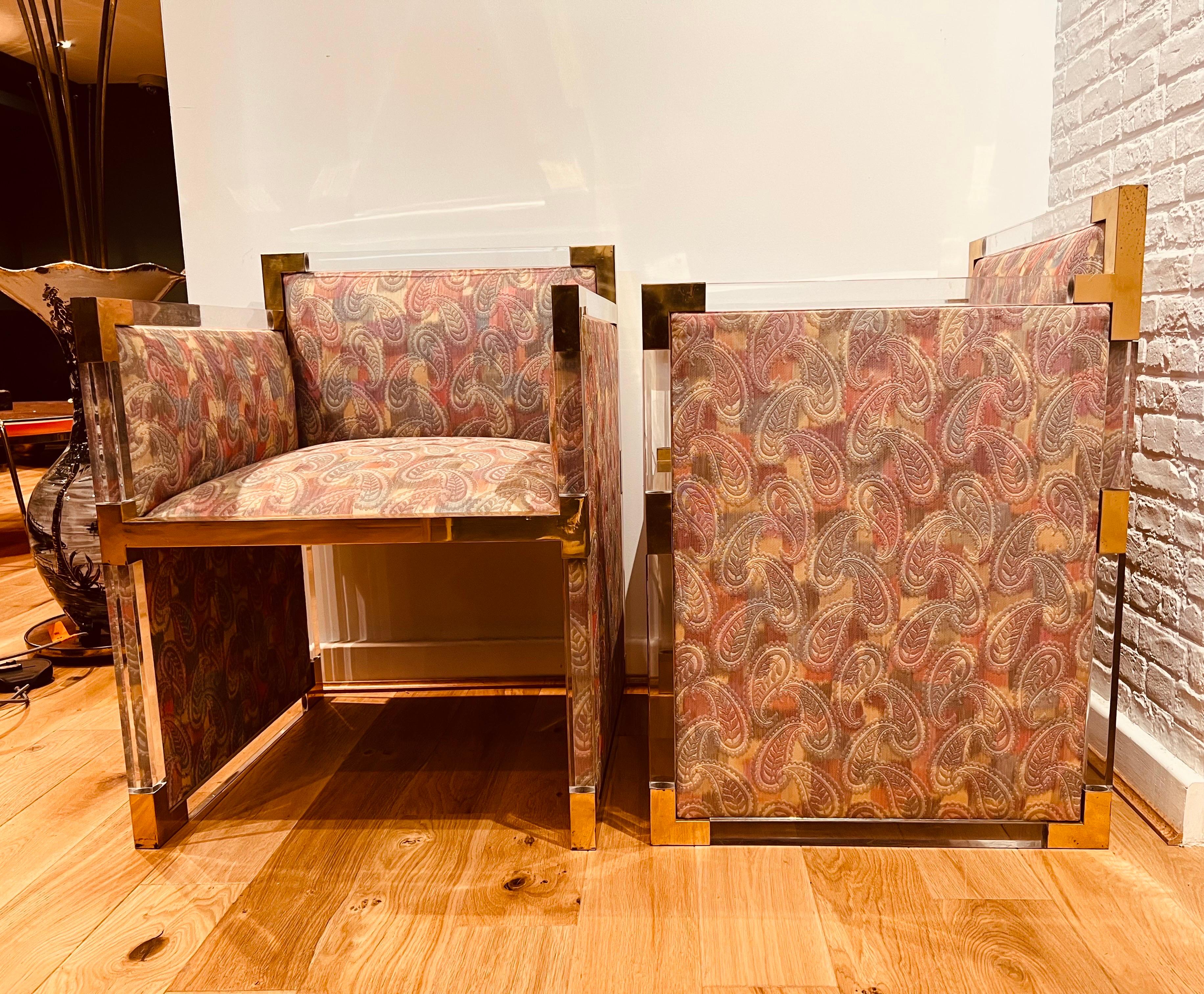 Late 20th Century Pair 1970s Lucite and Brass Club Chairs