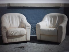 Pair 1970's Mid Century Modern Cream Tone Swivel Club Chairs