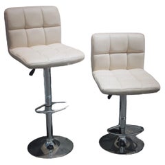 Pair 1970's Mid Century Modern Faux White Leather Adjustable Bar Stools