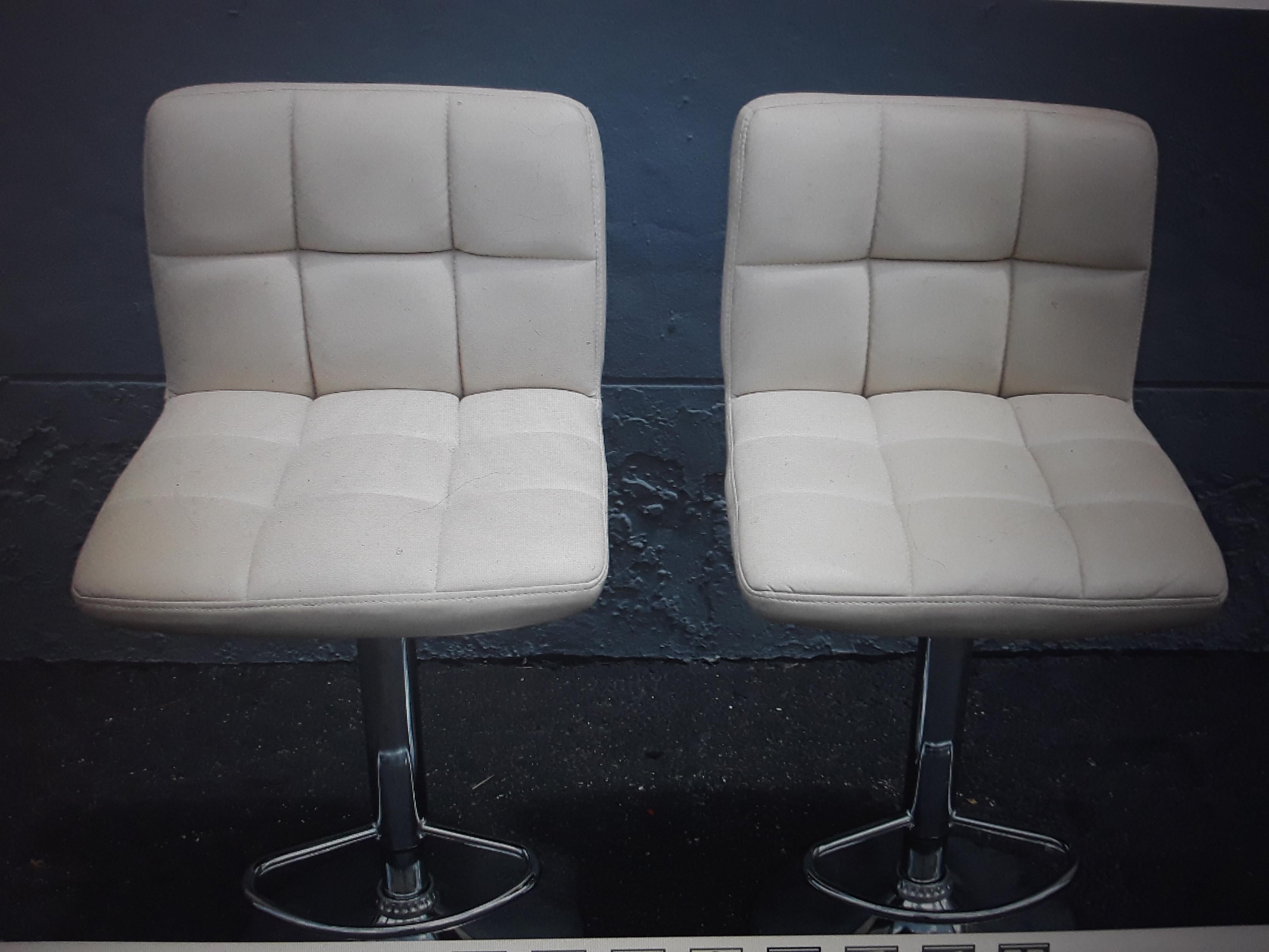 Pair 1970's Mid Century Modern Faux White Leather Adjustable Bar Stools In Good Condition For Sale In Opa Locka, FL