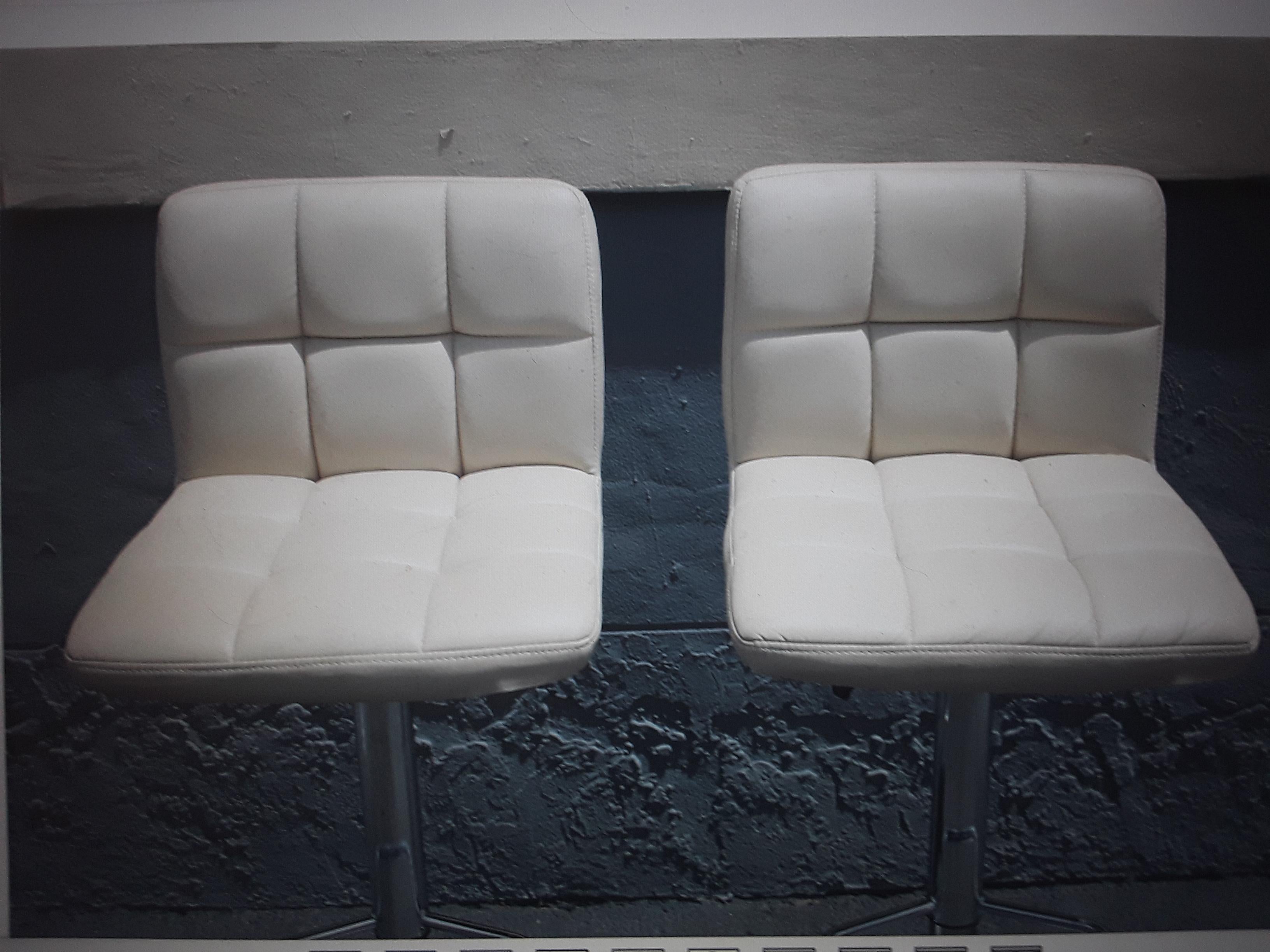 Pair 1970's Mid Century Modern Faux White Leather Adjustable Bar Stools For Sale 1
