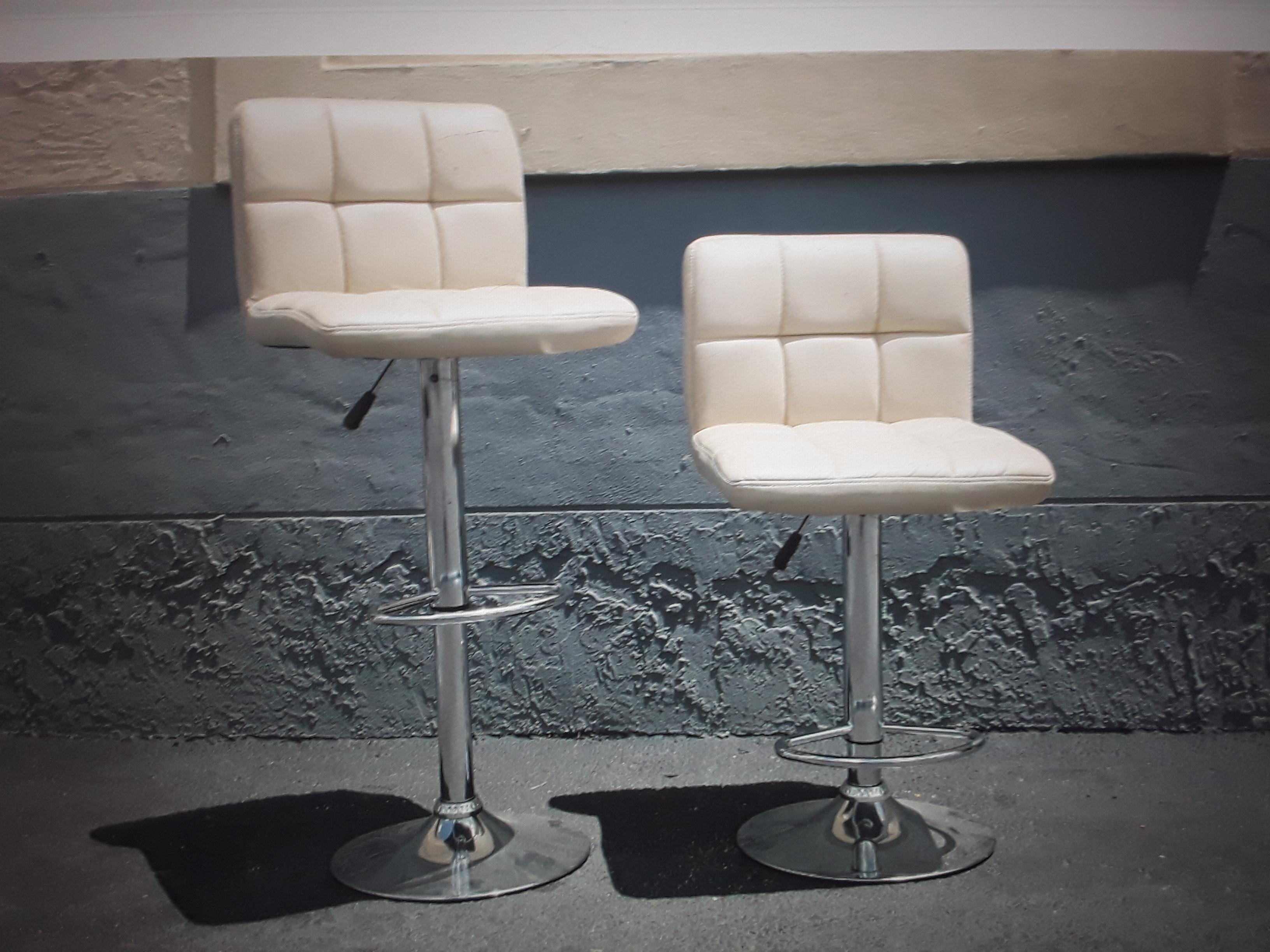 Pair 1970's Mid Century Modern Faux White Leather Adjustable Bar Stools For Sale 2