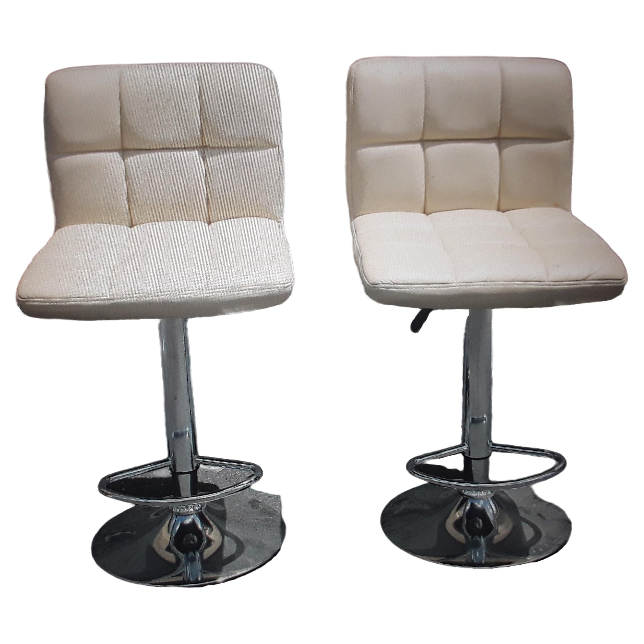 Pair 1970's Mid Century Modern Faux White Leather Adjustable Bar Stools