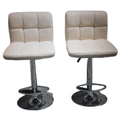 Pair 1970's Mid Century Modern Faux White Leather Adjustable Bar Stools