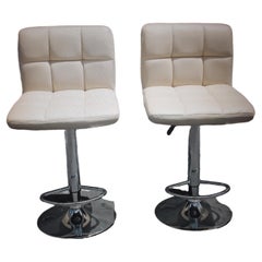 Retro Pair 1970's Mid Century Modern Faux White Leather Adjustable Bar Stools