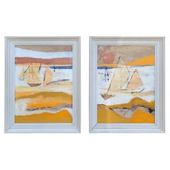 Vintage Pair 1970's Mixed Media Paintings Sailboats