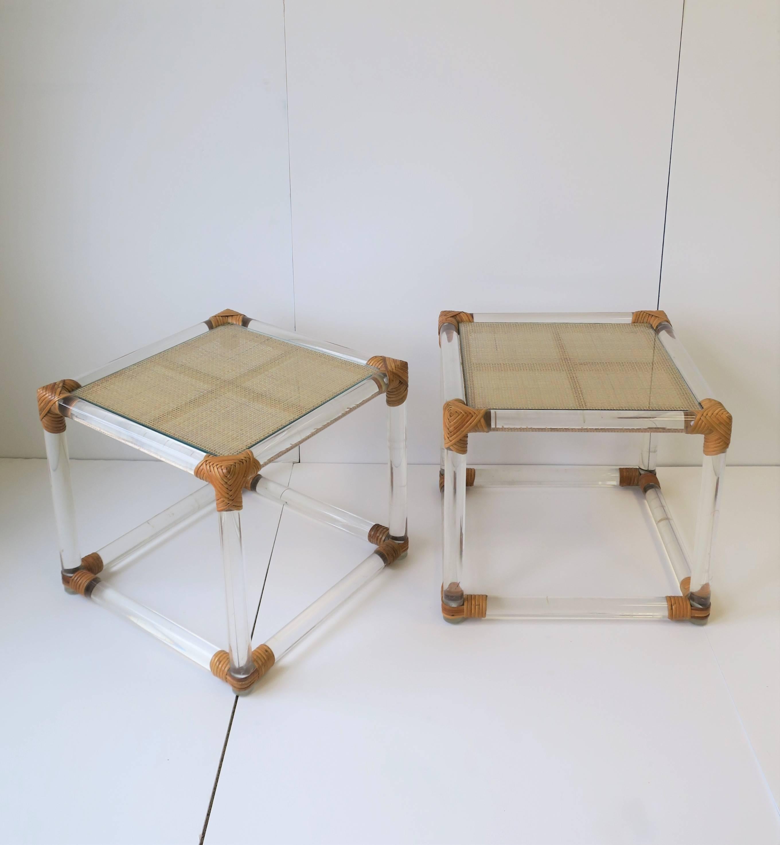 Pair of Modern Lucite and Wicker Rattan End Tables 5