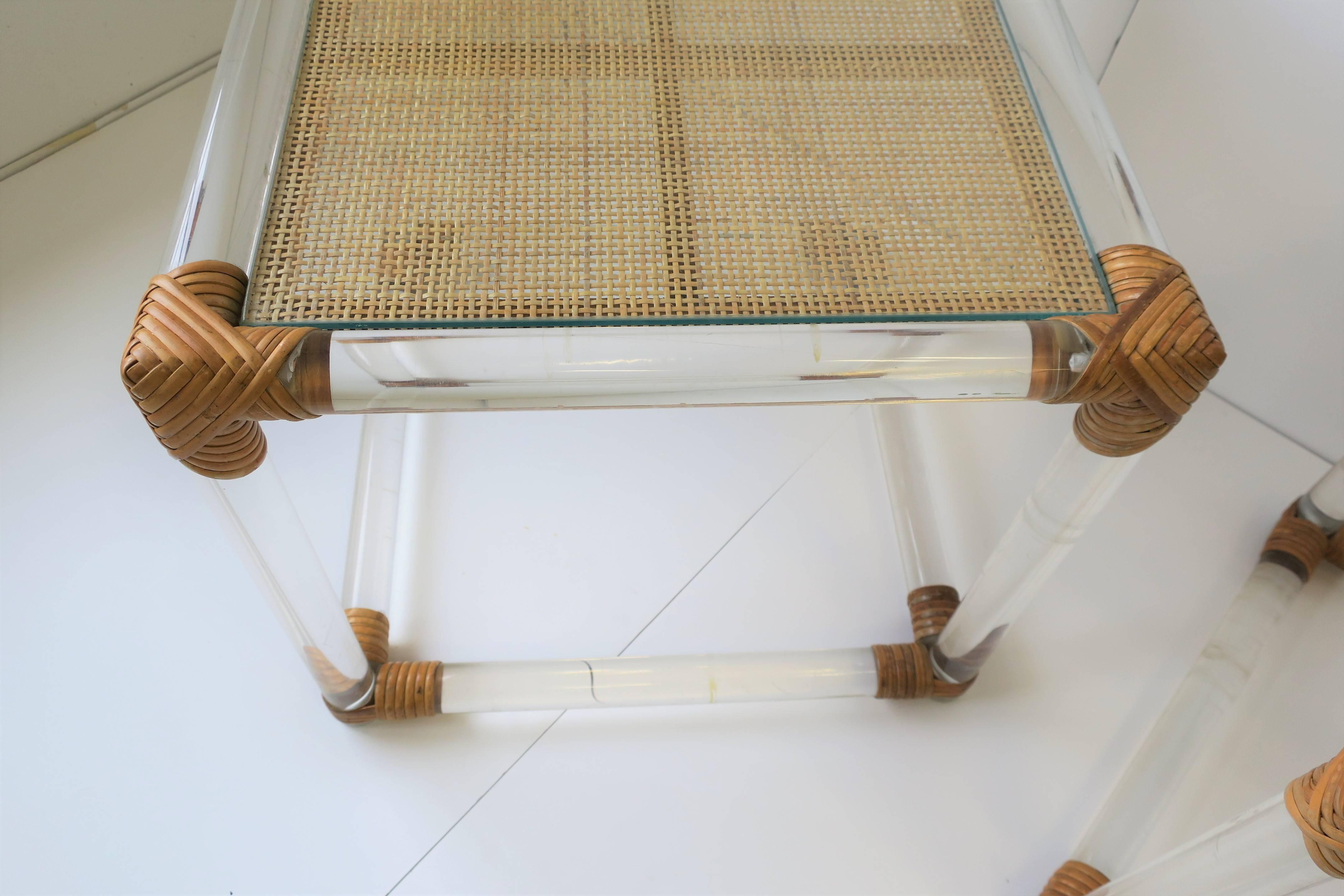 Pair of Modern Lucite and Wicker Rattan End Tables 9