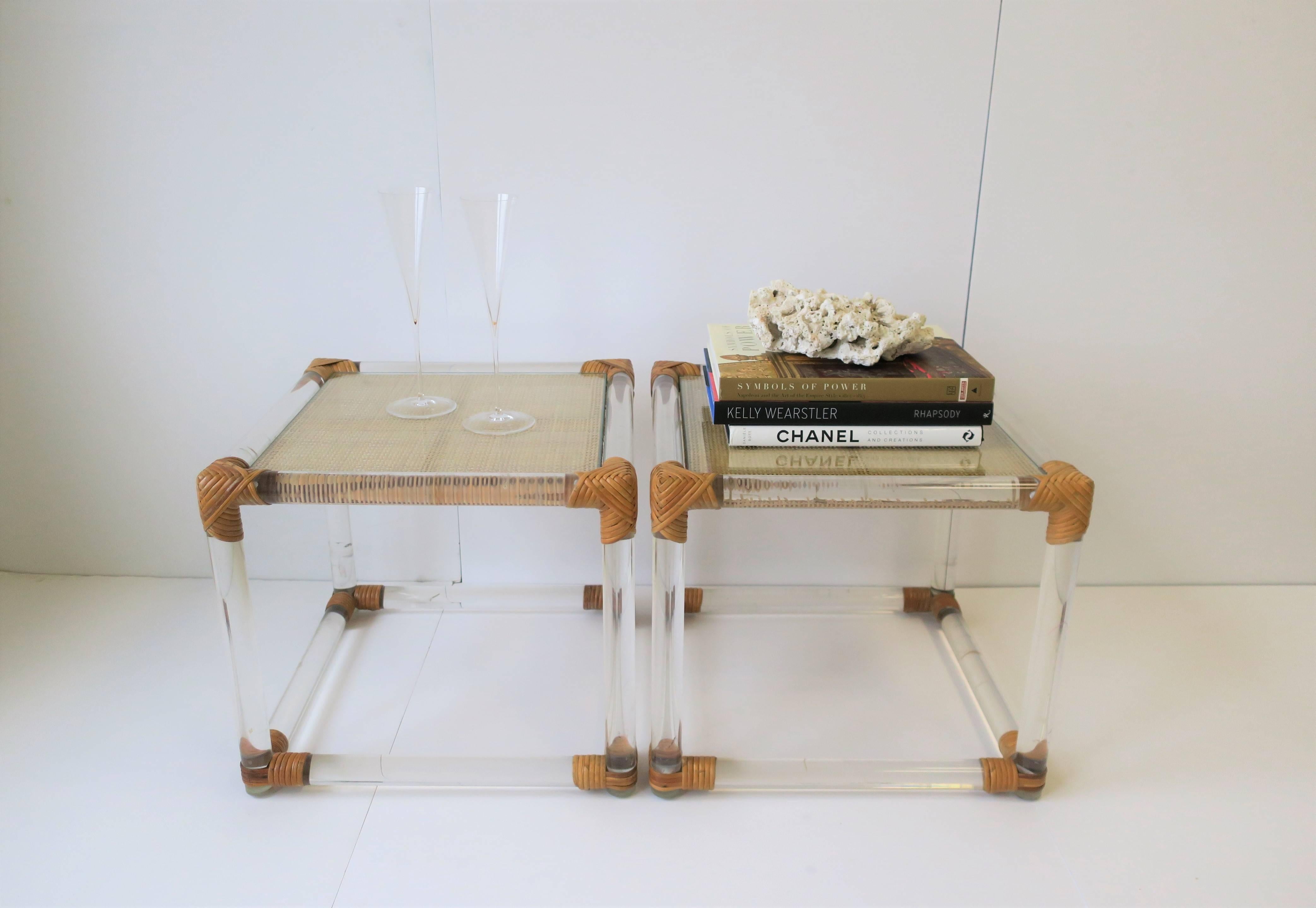 Pair of Modern Lucite and Wicker Rattan End Tables 14