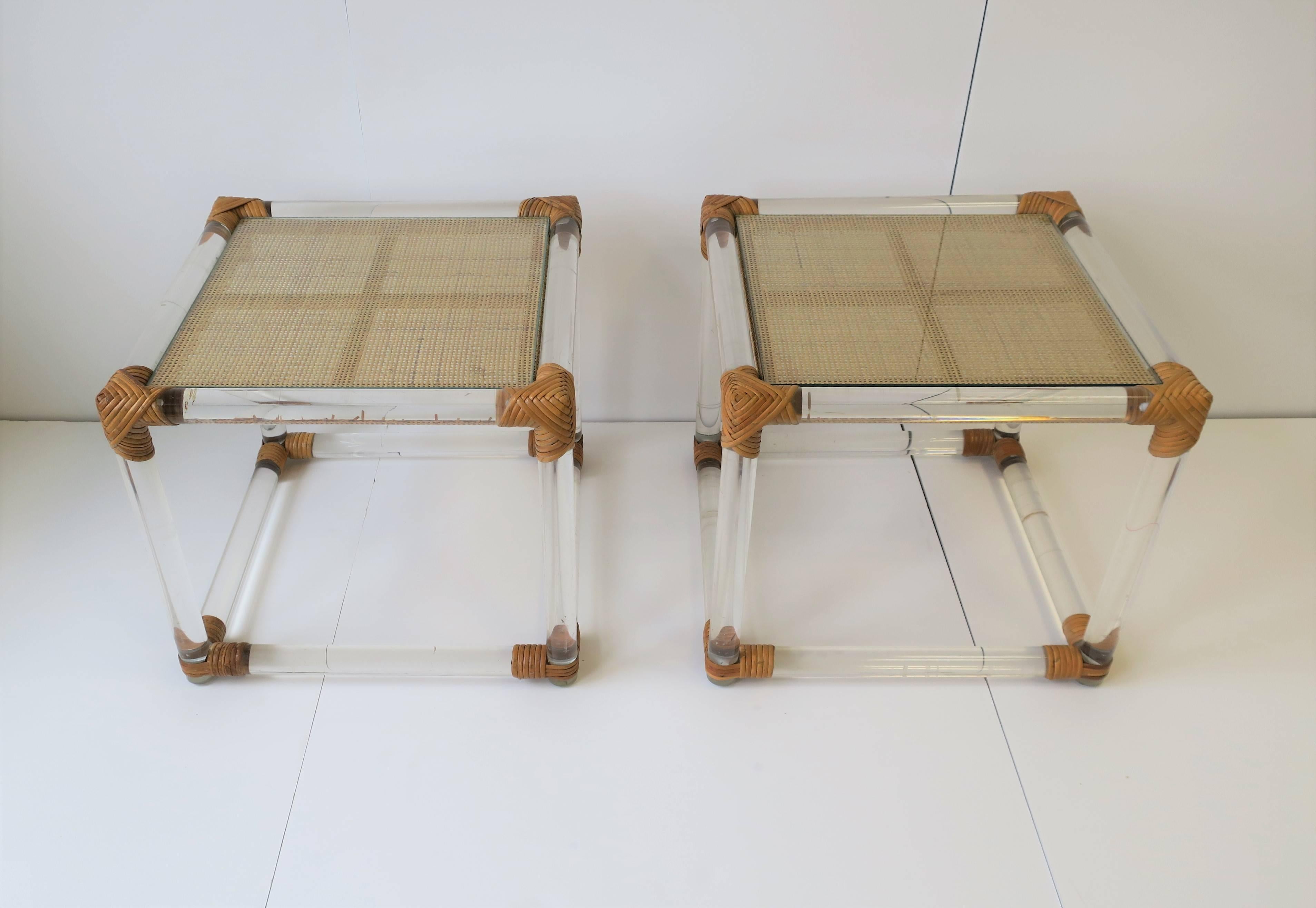 Post-Modern Pair of Modern Lucite and Wicker Rattan End Tables