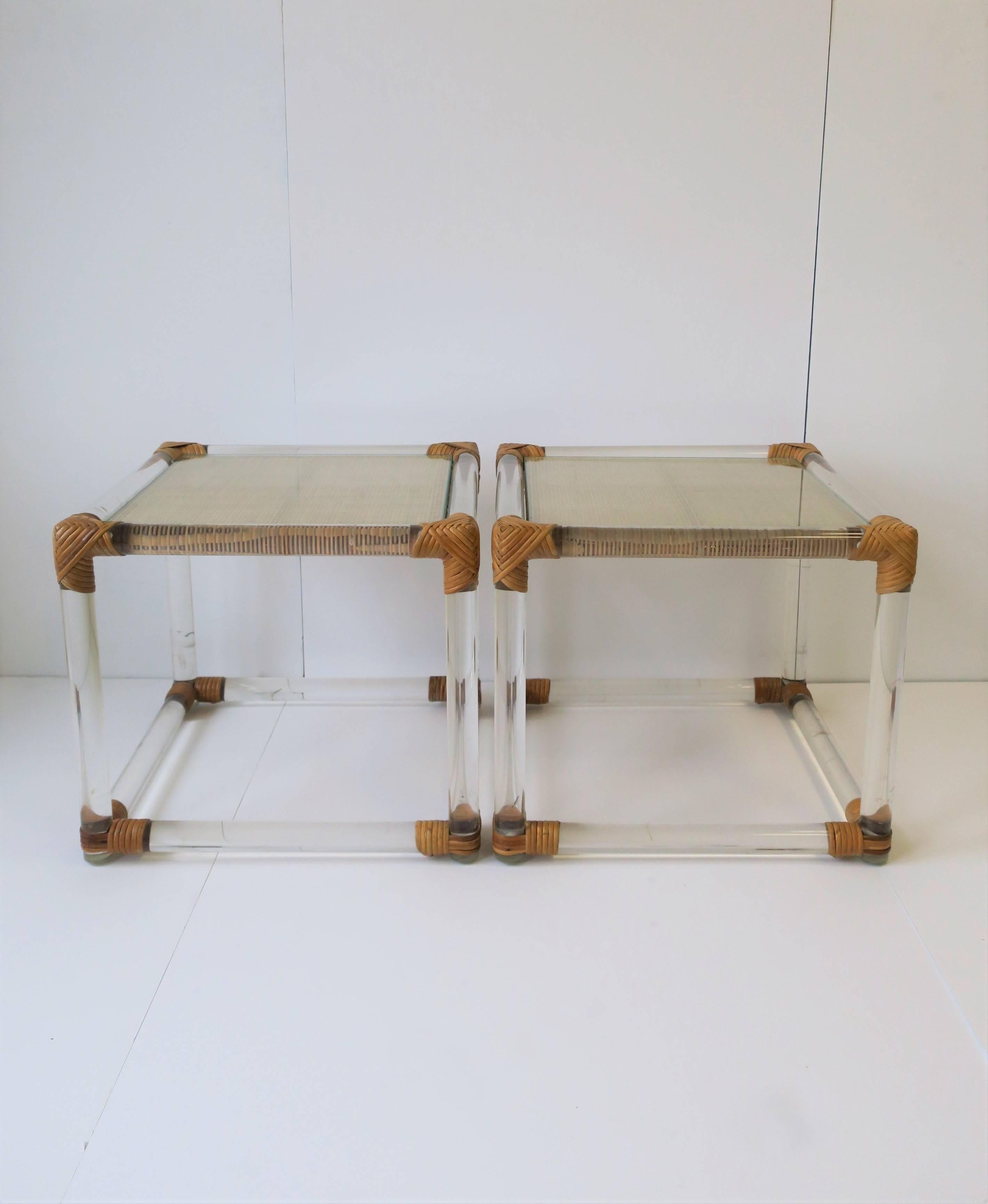 Pair of Modern Lucite and Wicker Rattan End Tables 3