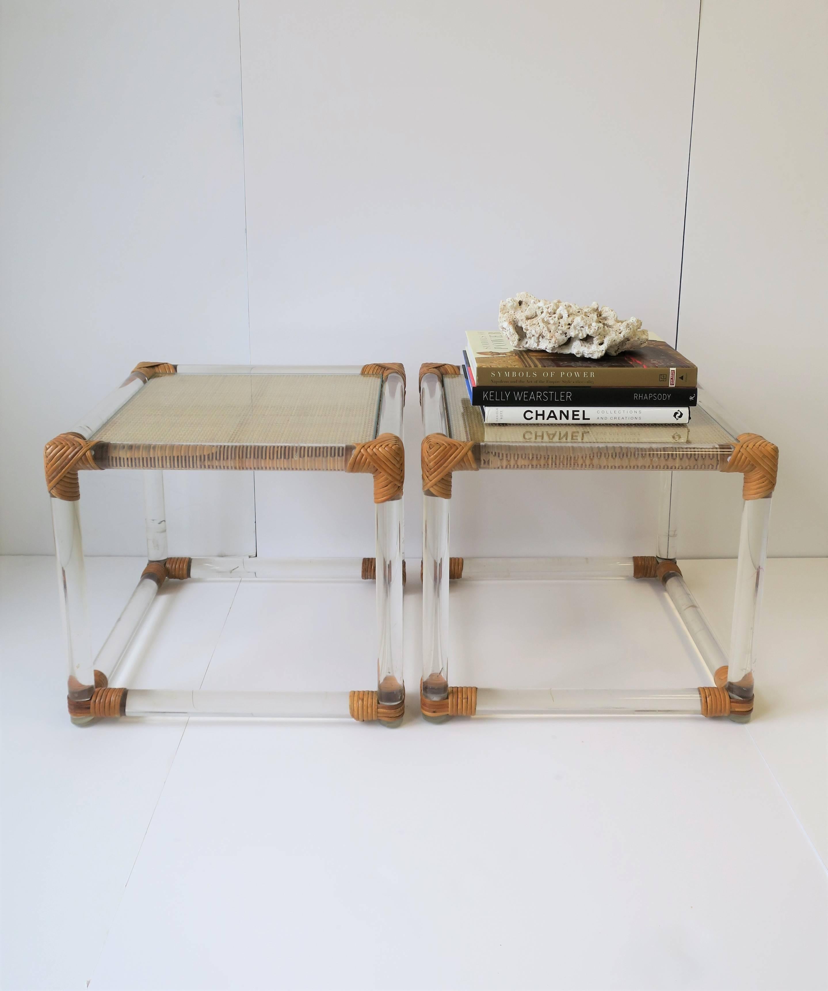 Pair of Modern Lucite and Wicker Rattan End Tables 4