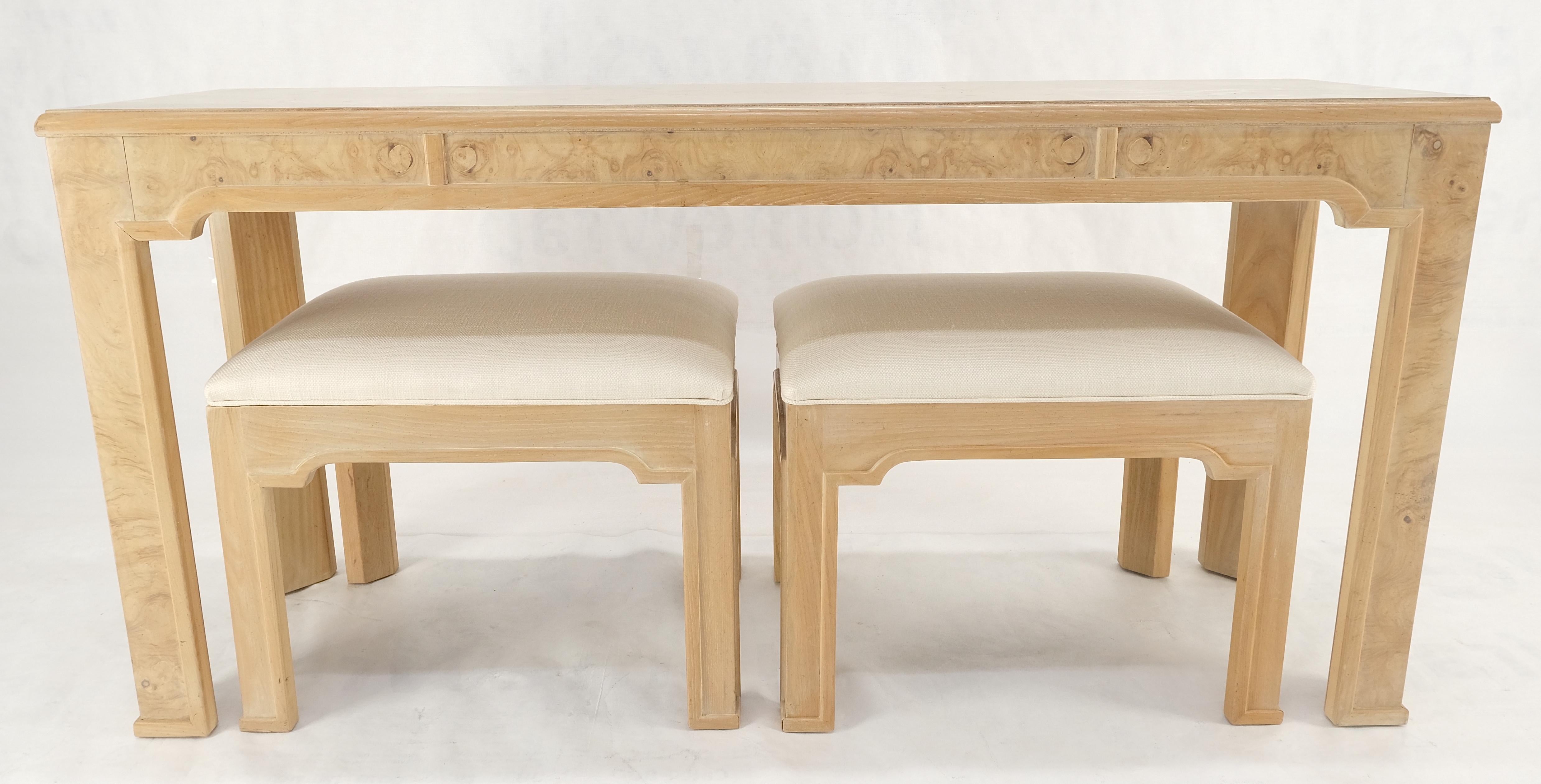Pair 1970s Nesting Benches Matching Burl Console Sofa Table New Upholstery MINT! For Sale 4