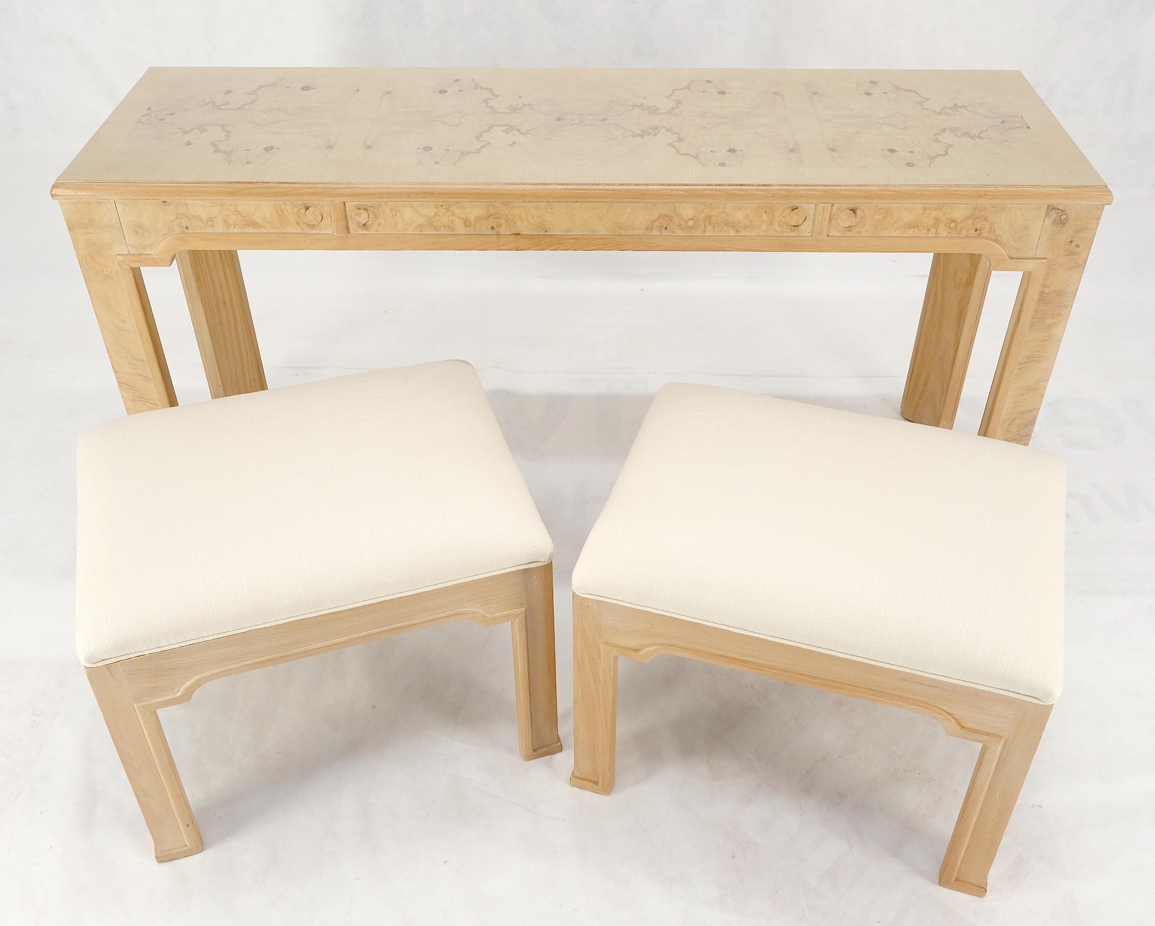 Mid-Century Modern Pair 1970s Nesting Benches Matching Burl Console Sofa Table New Upholstery MINT! For Sale