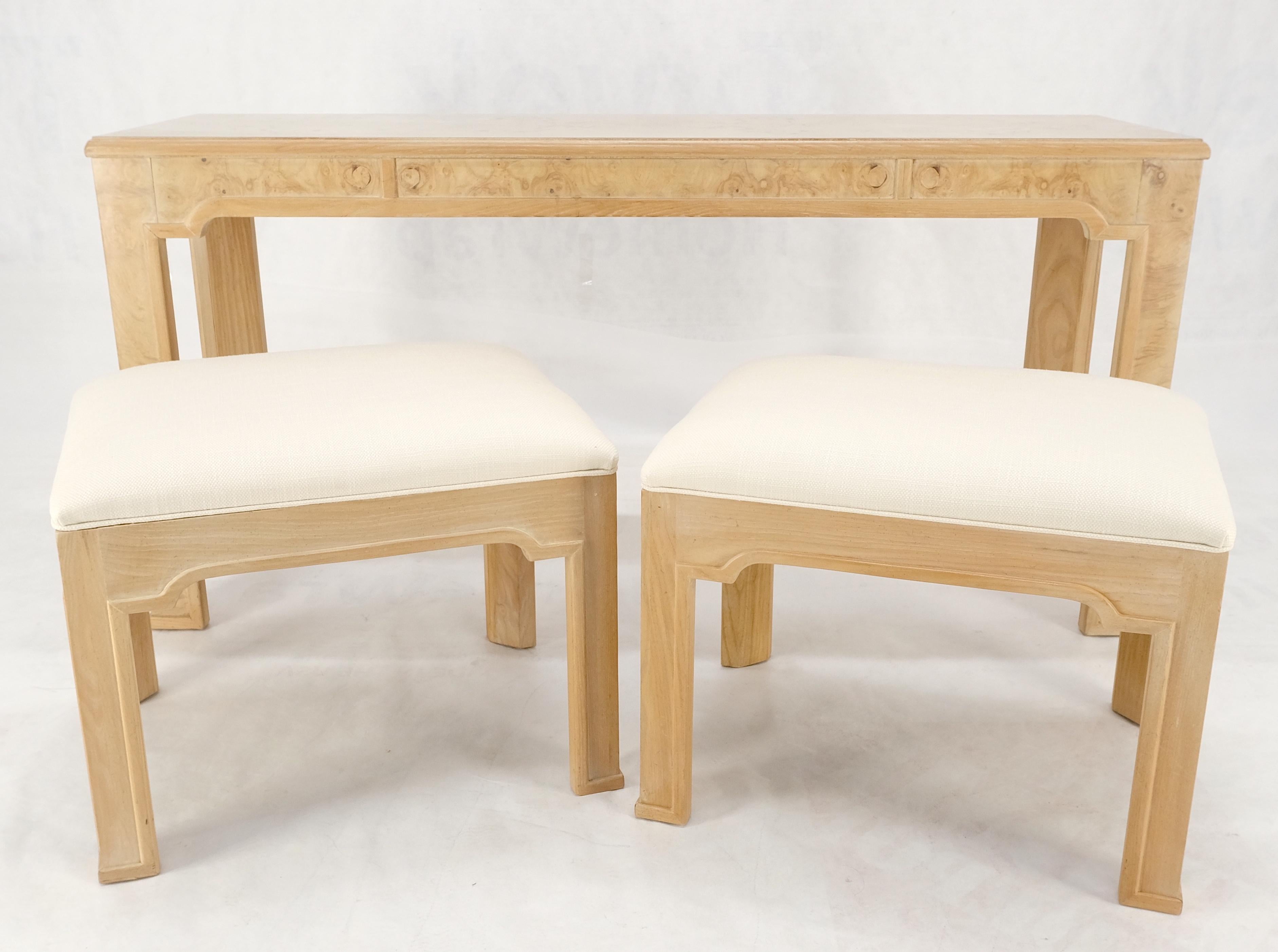 Lacquered Pair 1970s Nesting Benches Matching Burl Console Sofa Table New Upholstery MINT! For Sale