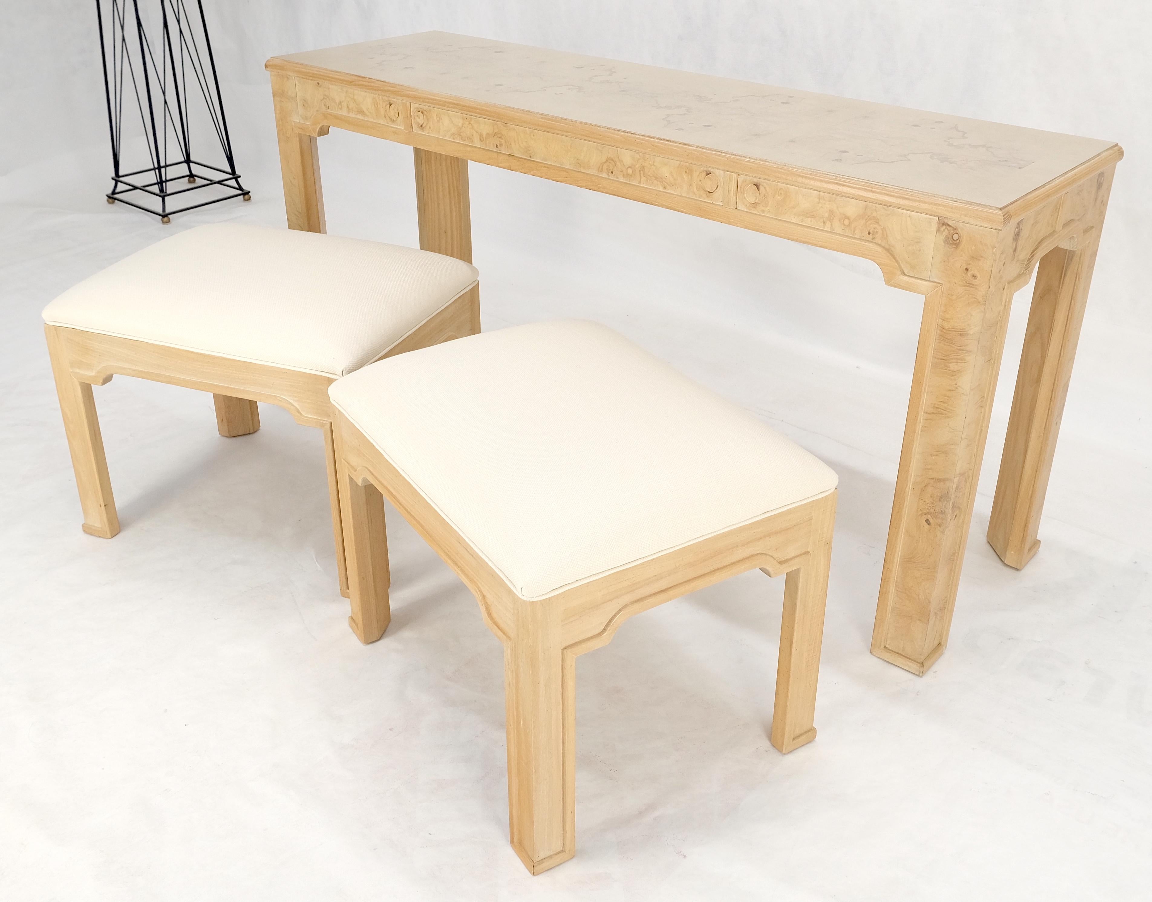 Pair 1970s Nesting Benches Matching Burl Console Sofa Table New Upholstery MINT! In Excellent Condition For Sale In Rockaway, NJ