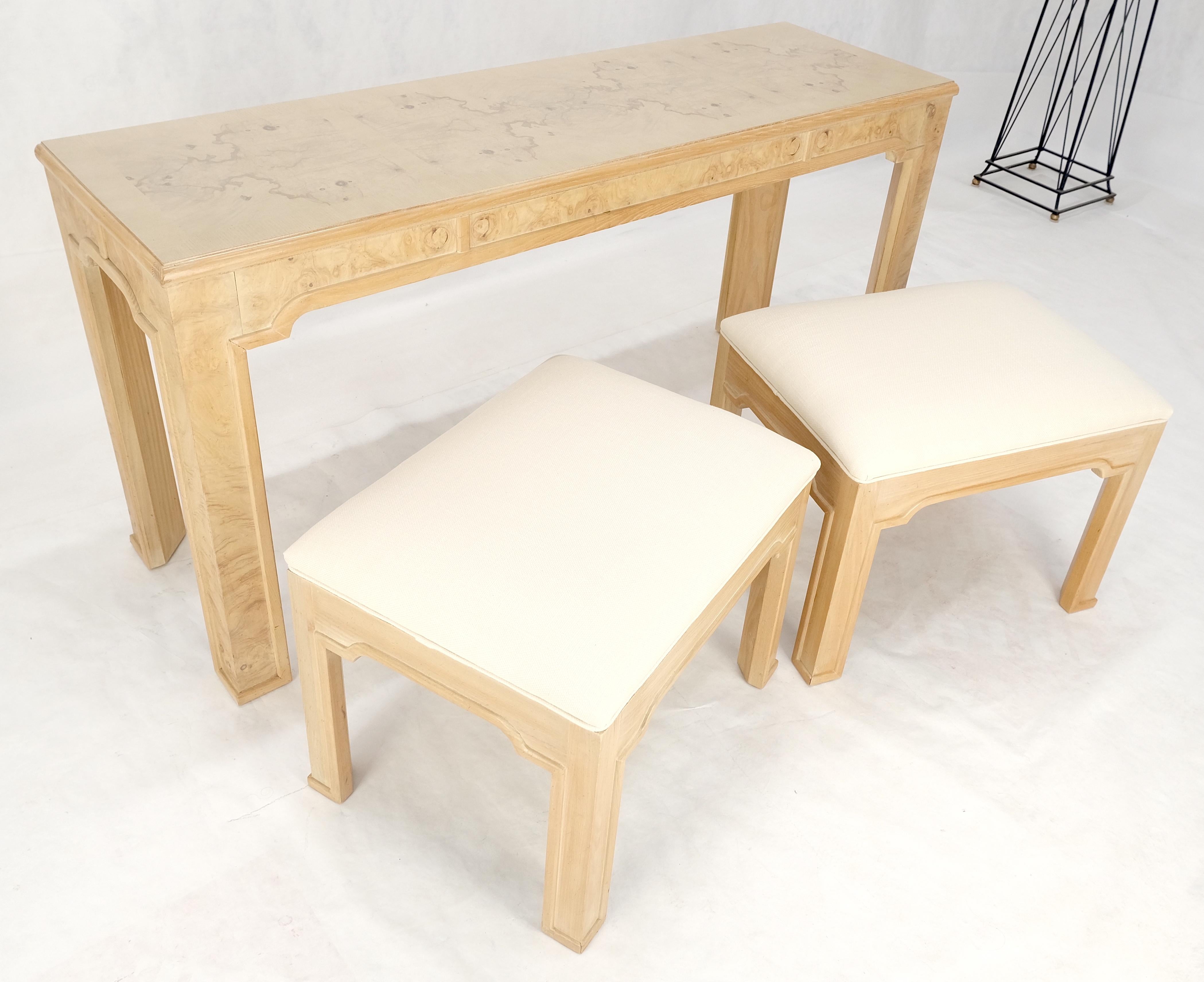 20th Century Pair 1970s Nesting Benches Matching Burl Console Sofa Table New Upholstery MINT! For Sale