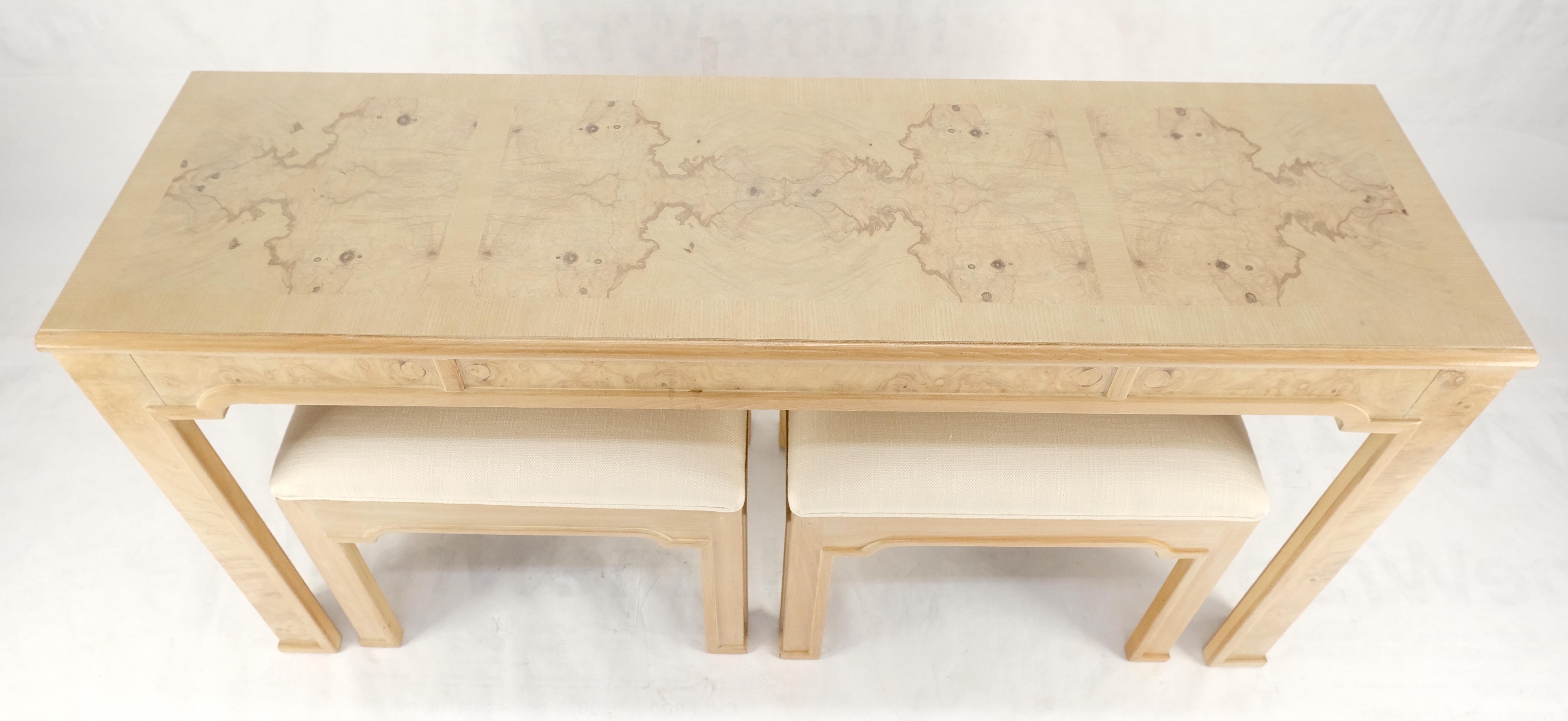 Pair 1970s Nesting Benches Matching Burl Console Sofa Table New Upholstery MINT! For Sale 1
