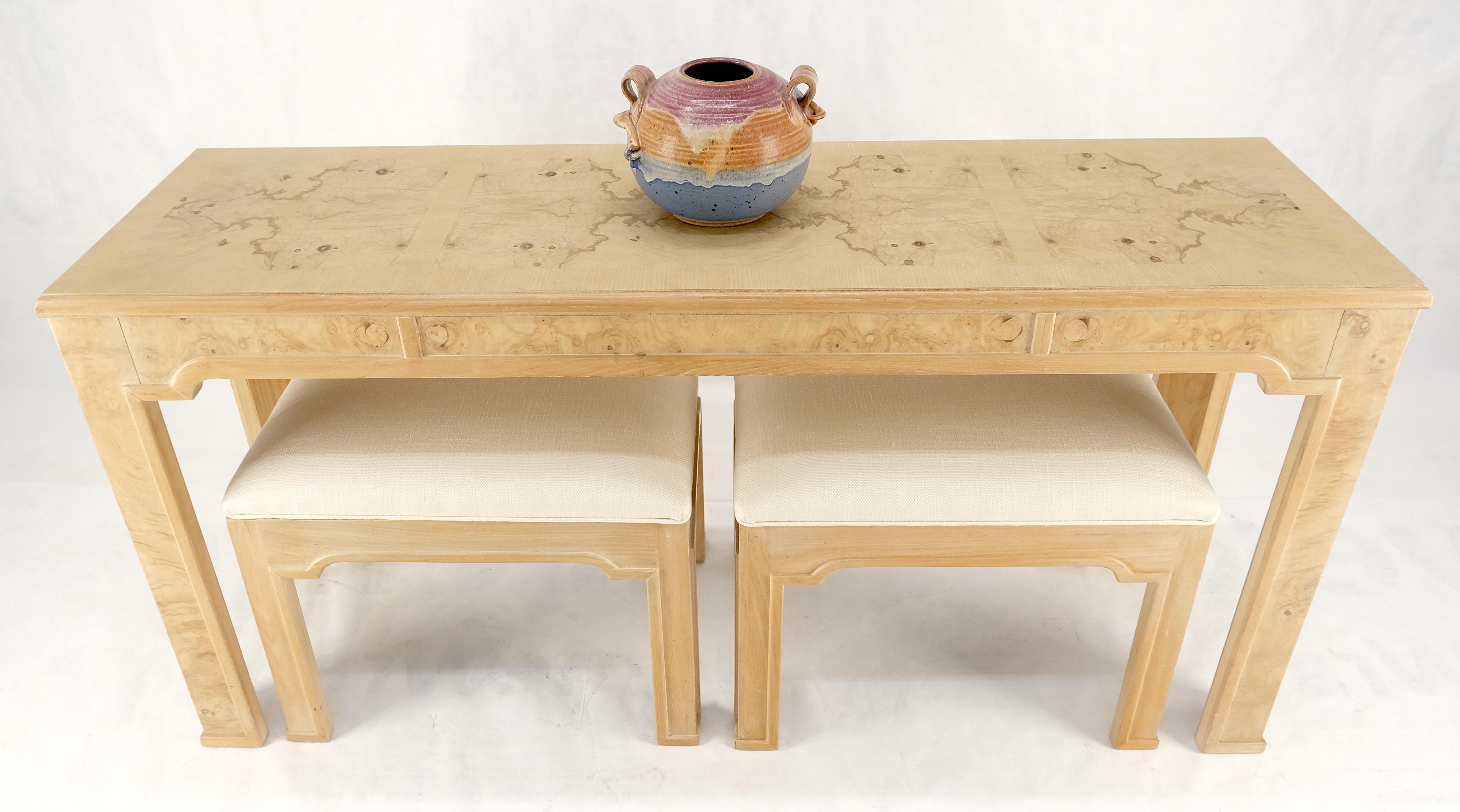 Pair 1970s Nesting Benches Matching Burl Console Sofa Table New Upholstery MINT! For Sale 2