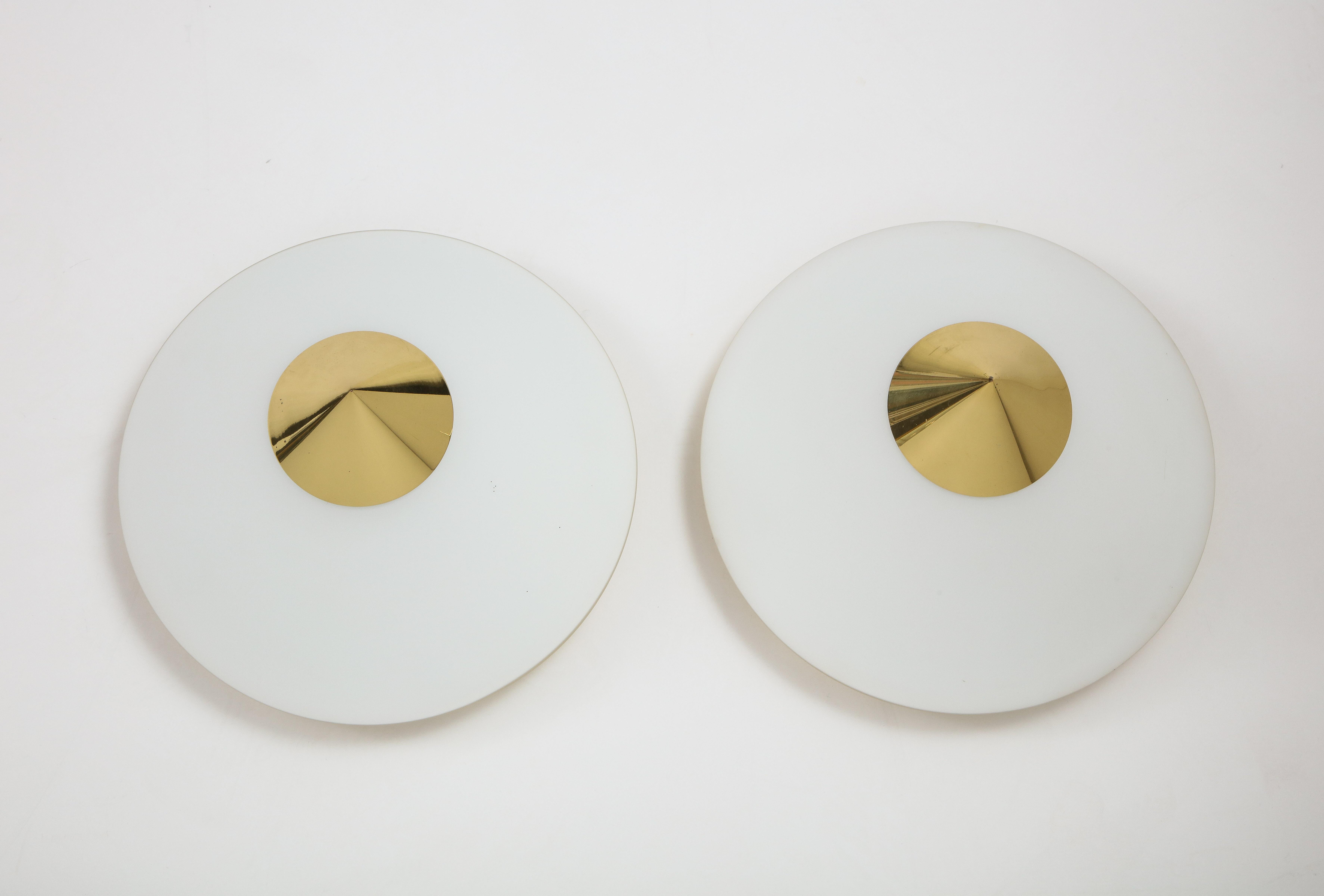 Late 20th Century Pair of 1970s Opaline and Brass Flush Mount / Sconce by Limburg For Sale