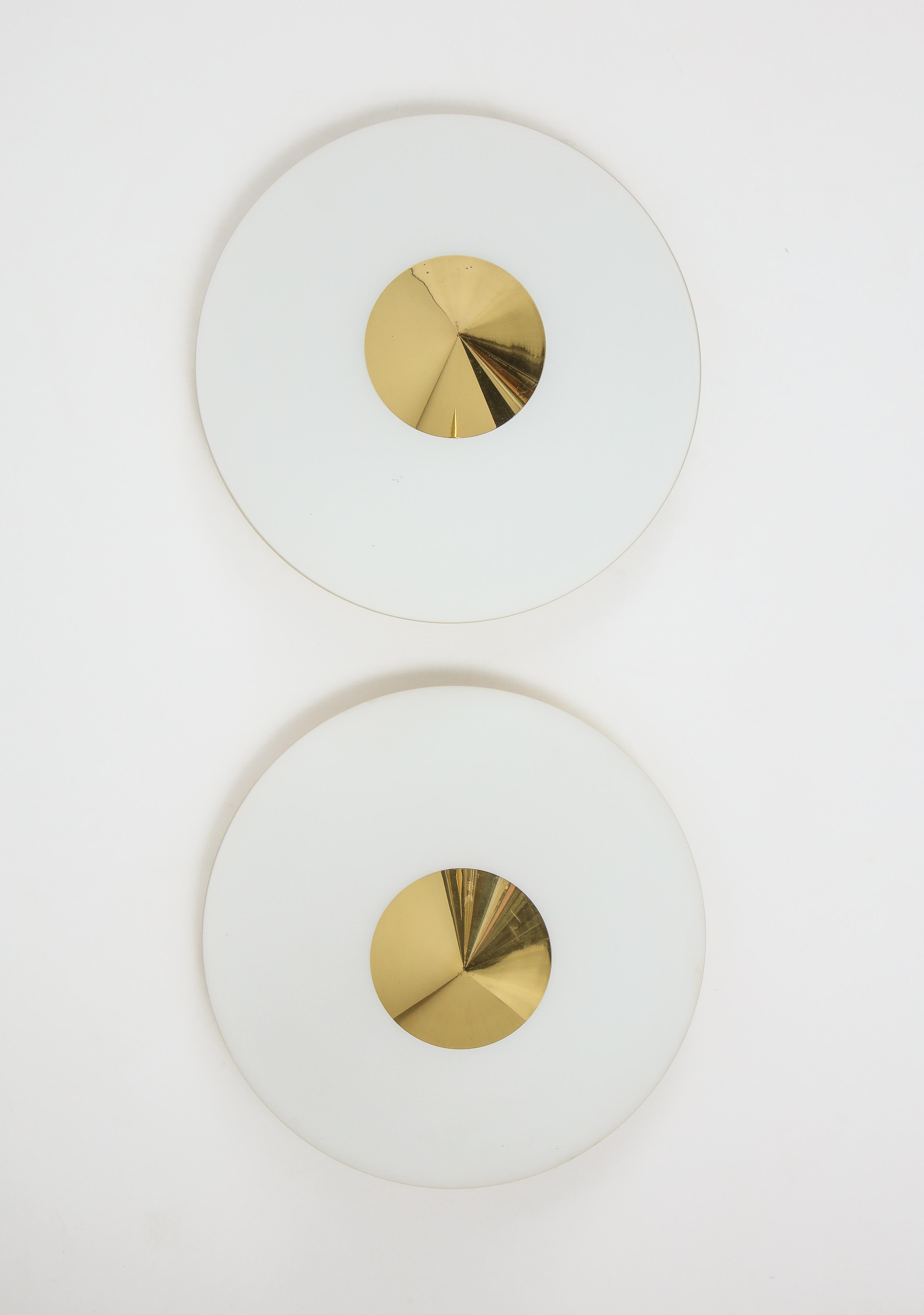 Mid-Century Modern Pair of 1970s Opaline and Brass Flush Mount / Sconce by Limburg For Sale