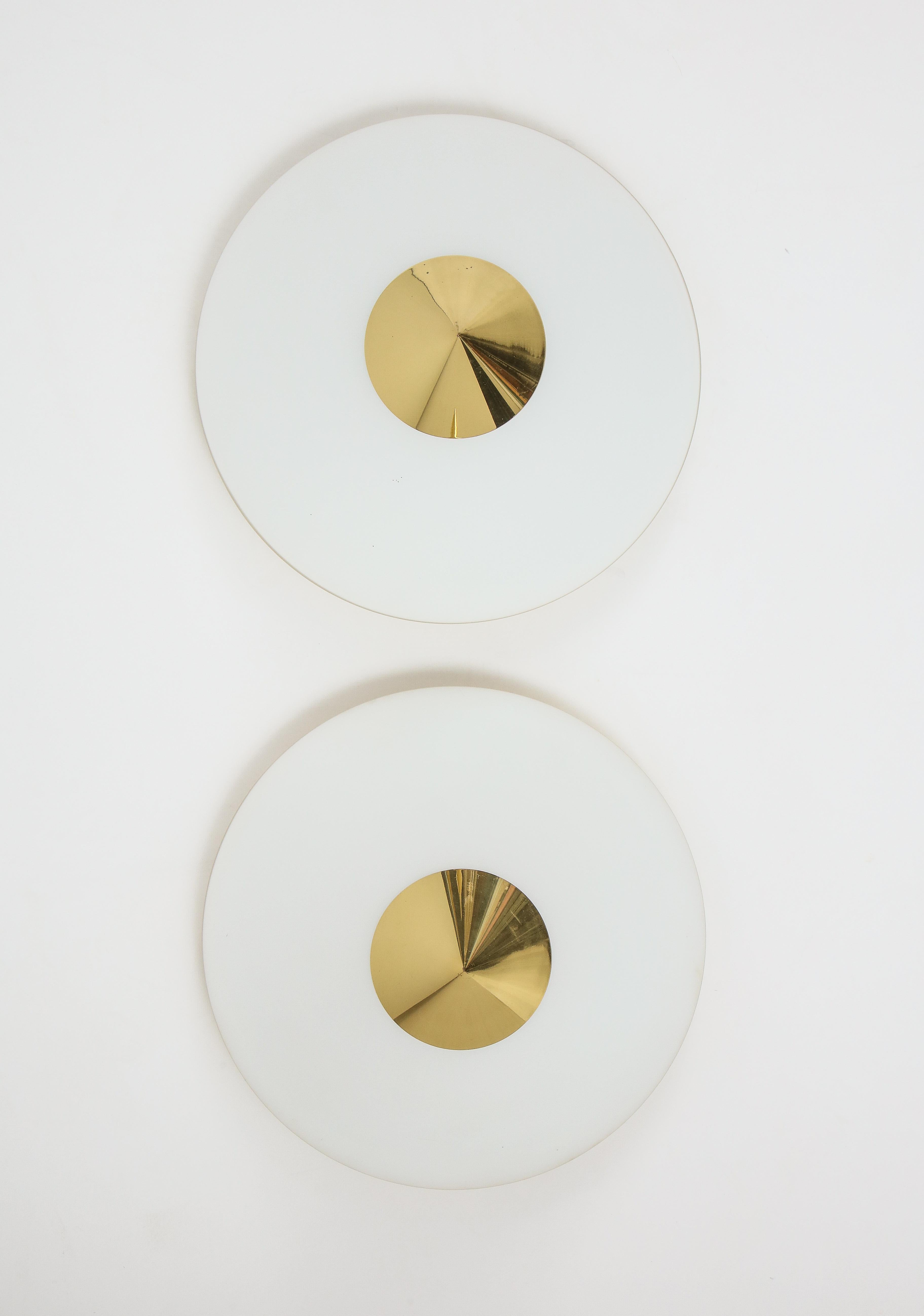 Mid-Century Modern Pair of Opaline and Brass Flush Mount / Sconce by Limburg ( 3 Pairs Available ) For Sale