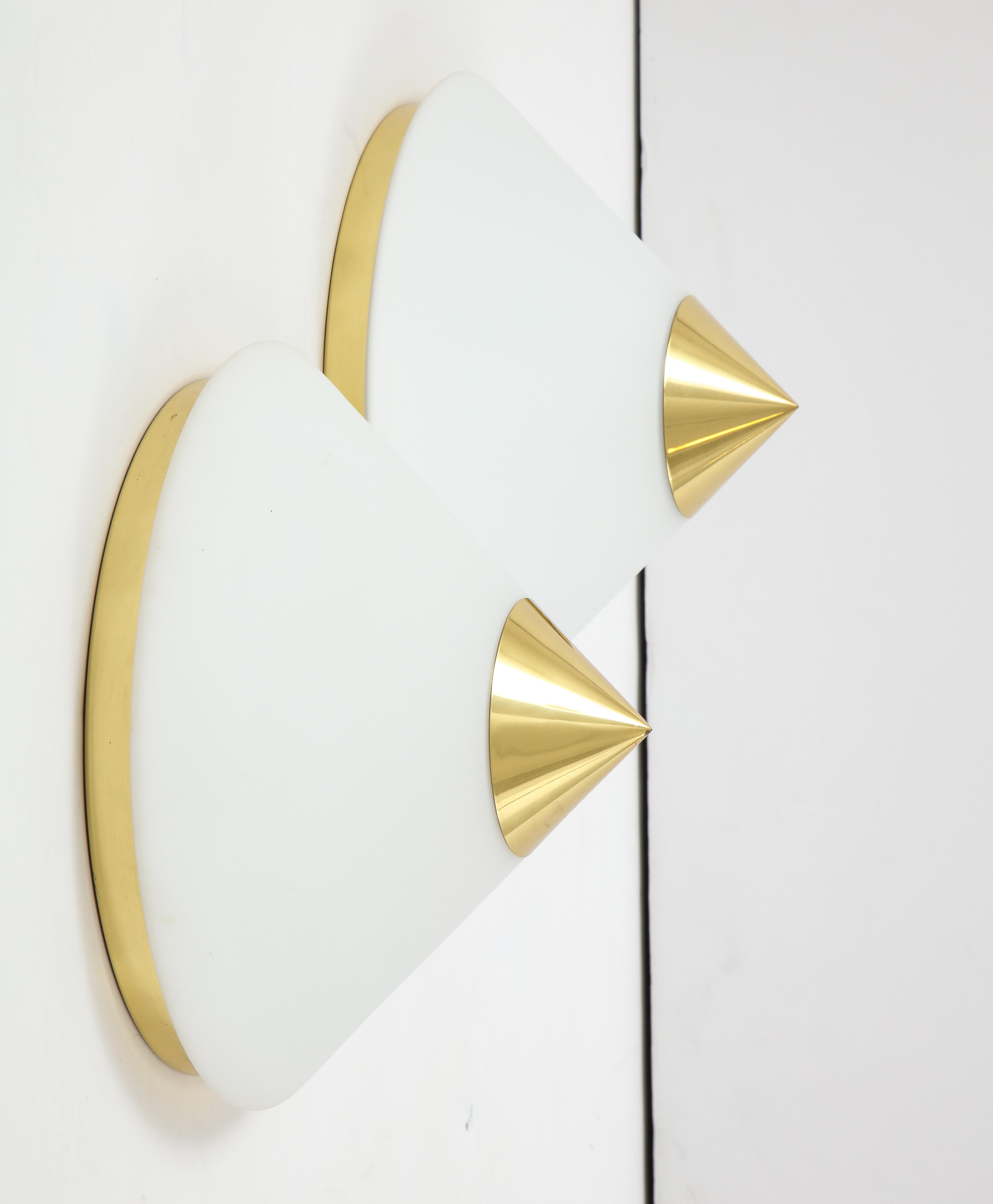 Pair of 1970s Opaline and Brass Flush Mount / Sconce by Limburg For Sale 1