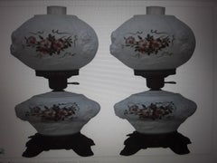 Pair 1970's Retro Opaline Art Glass Hand Paint. Table Lamps