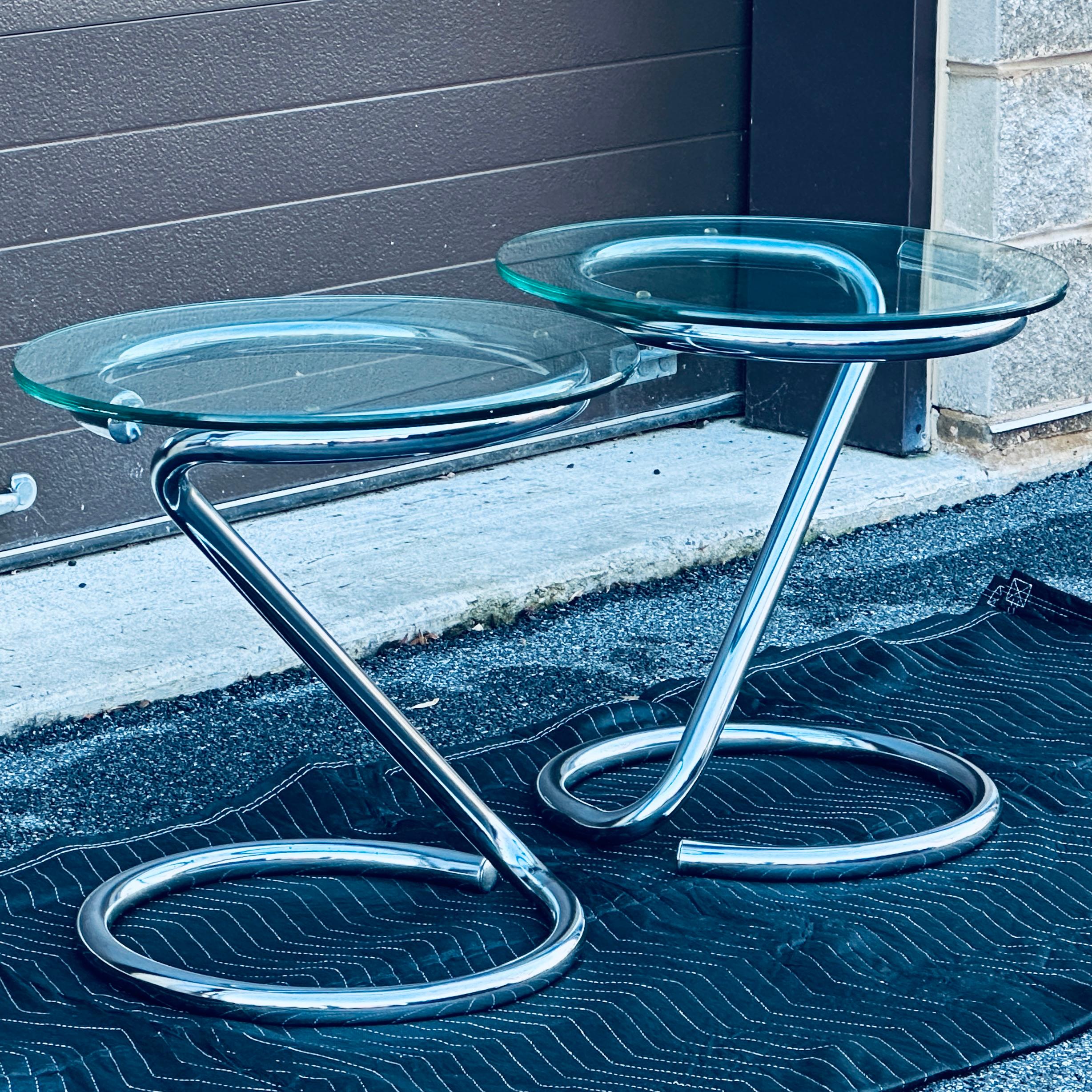 American Pair 1970s Tubular Chrome Round Side Tables For Sale