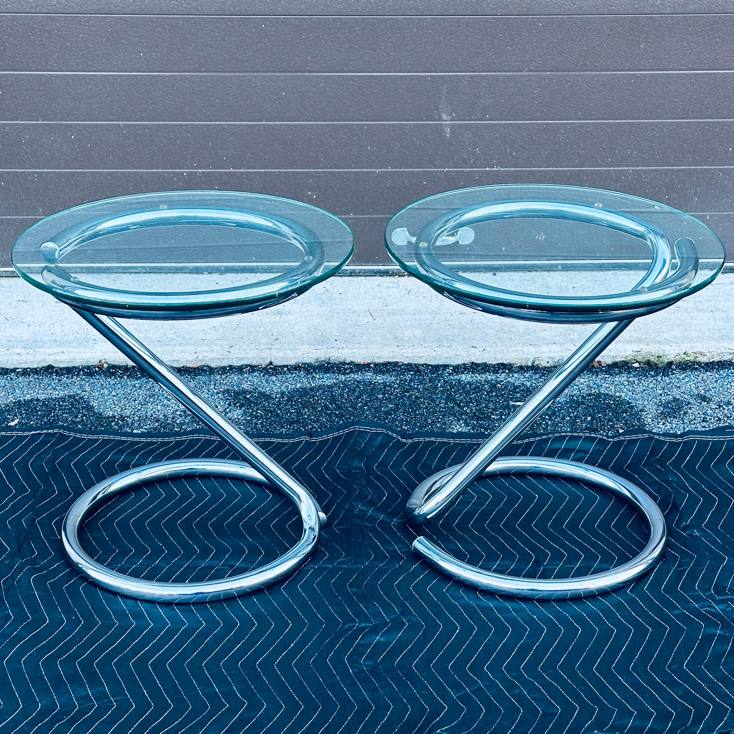 Glass Pair 1970s Tubular Chrome Round Side Tables For Sale