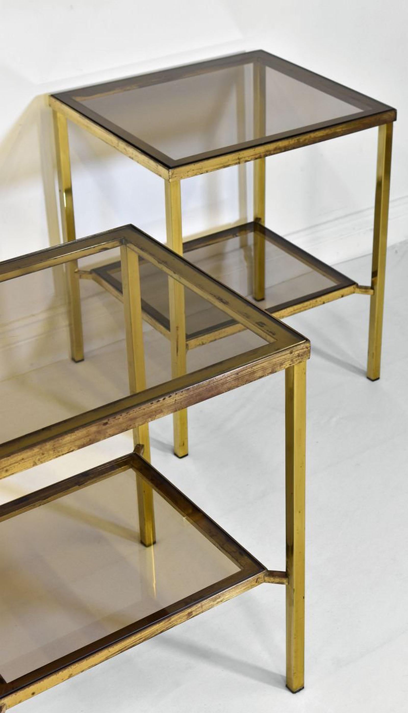 Hollywood Regency Pair 1970s Vintage Brass & Glass Two Tiered Side Tables