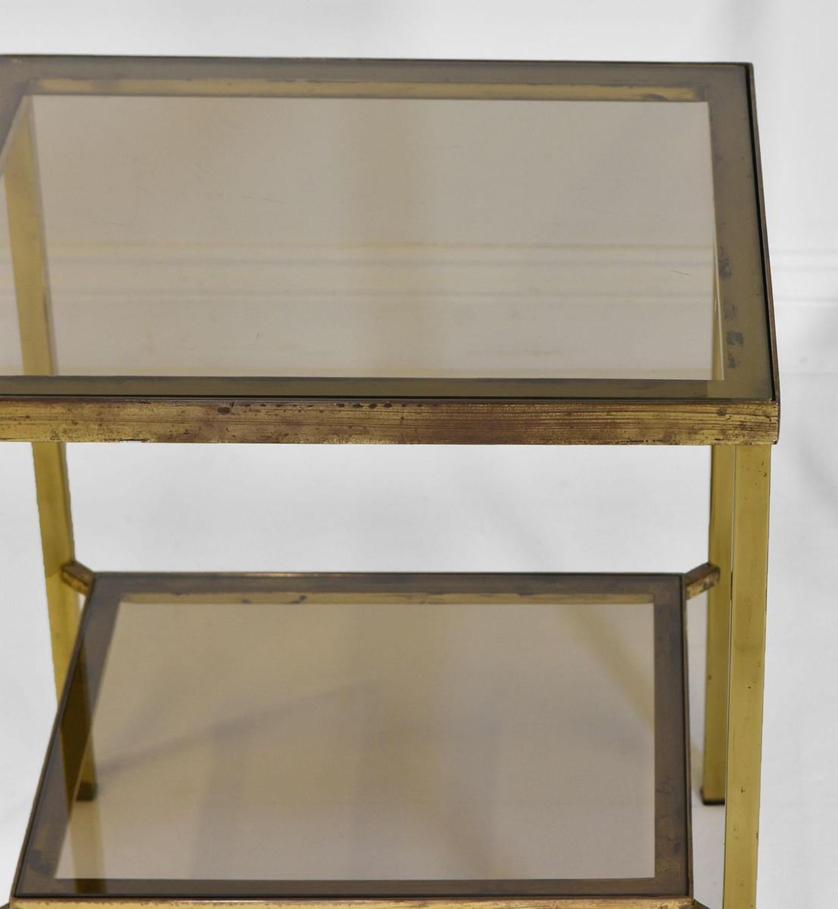 European Pair 1970s Vintage Brass & Glass Two Tiered Side Tables