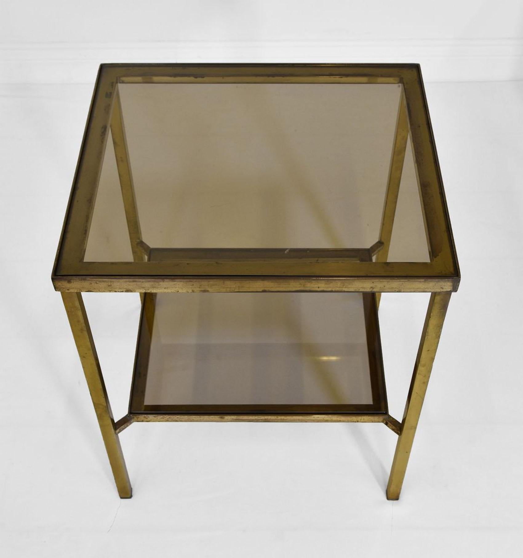 Pair 1970s Vintage Brass & Glass Two Tiered Side Tables In Fair Condition In Norwich, GB