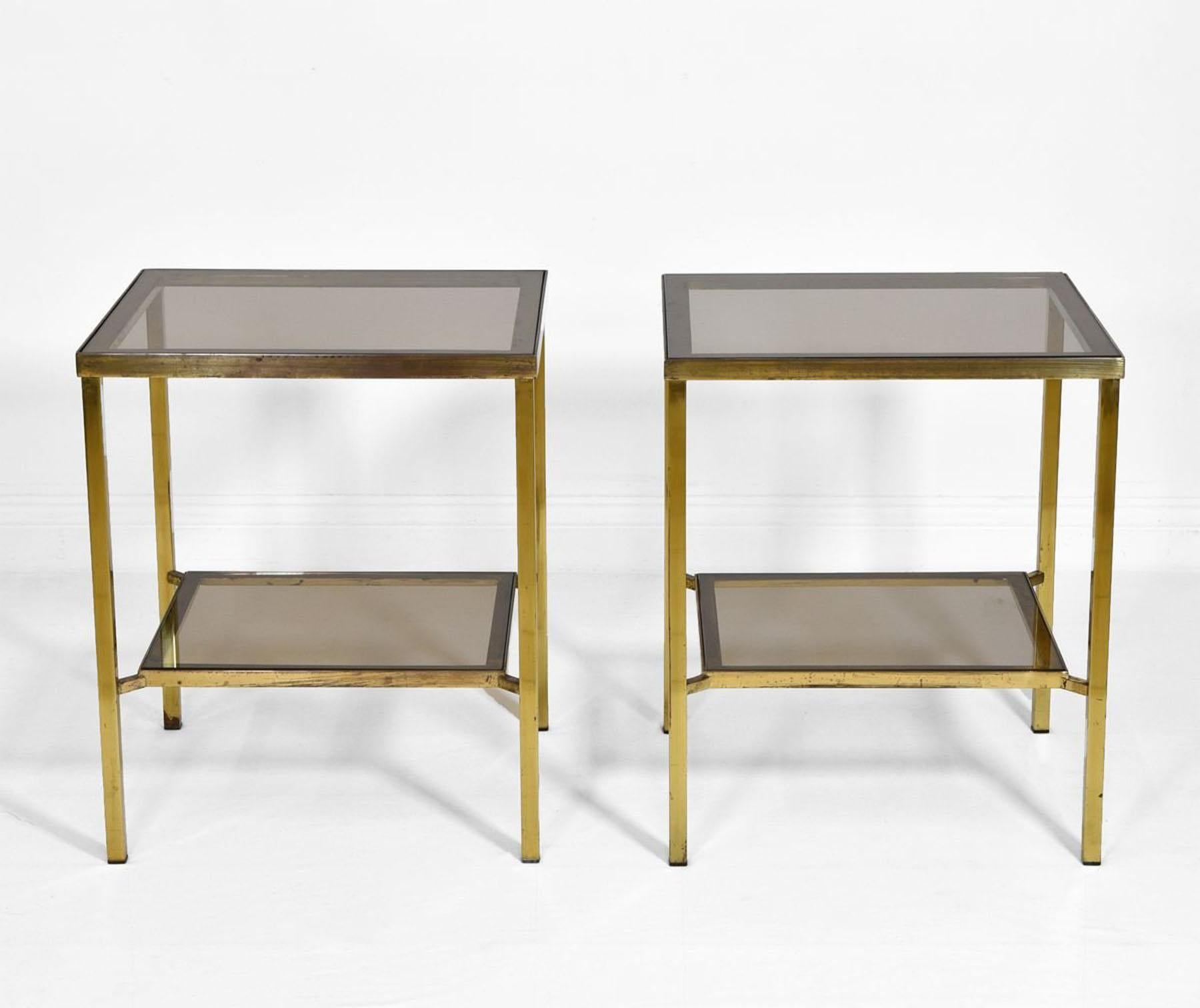 Pair 1970s Vintage Brass & Glass Two Tiered Side Tables 1