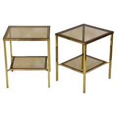Pair 1970s Vintage Brass & Glass Two Tiered Side Tables