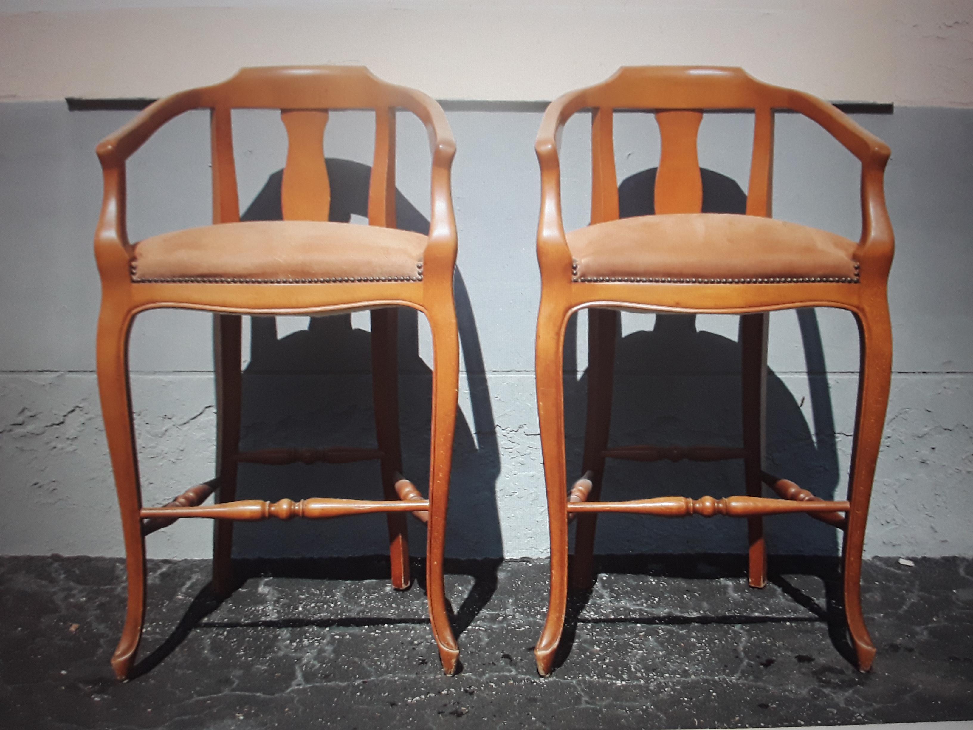 Pair 1970's Vintage Traditional style Bar Stools. Lighter toned wood.