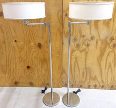 Pair 1970s Walter Von Nessen Style Chrome Swing Arm Floor Lamps with Shades