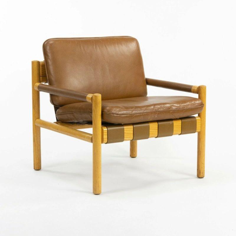 Modern Pair 1976 Nicos Zographos Saronis Leather & Oak Lounge Chairs For Sale