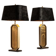 Pareja años 80 George Mathias Lim. Lámparas de Sobremesa Edición, Paneles Dorados Oro de 23 Quilates