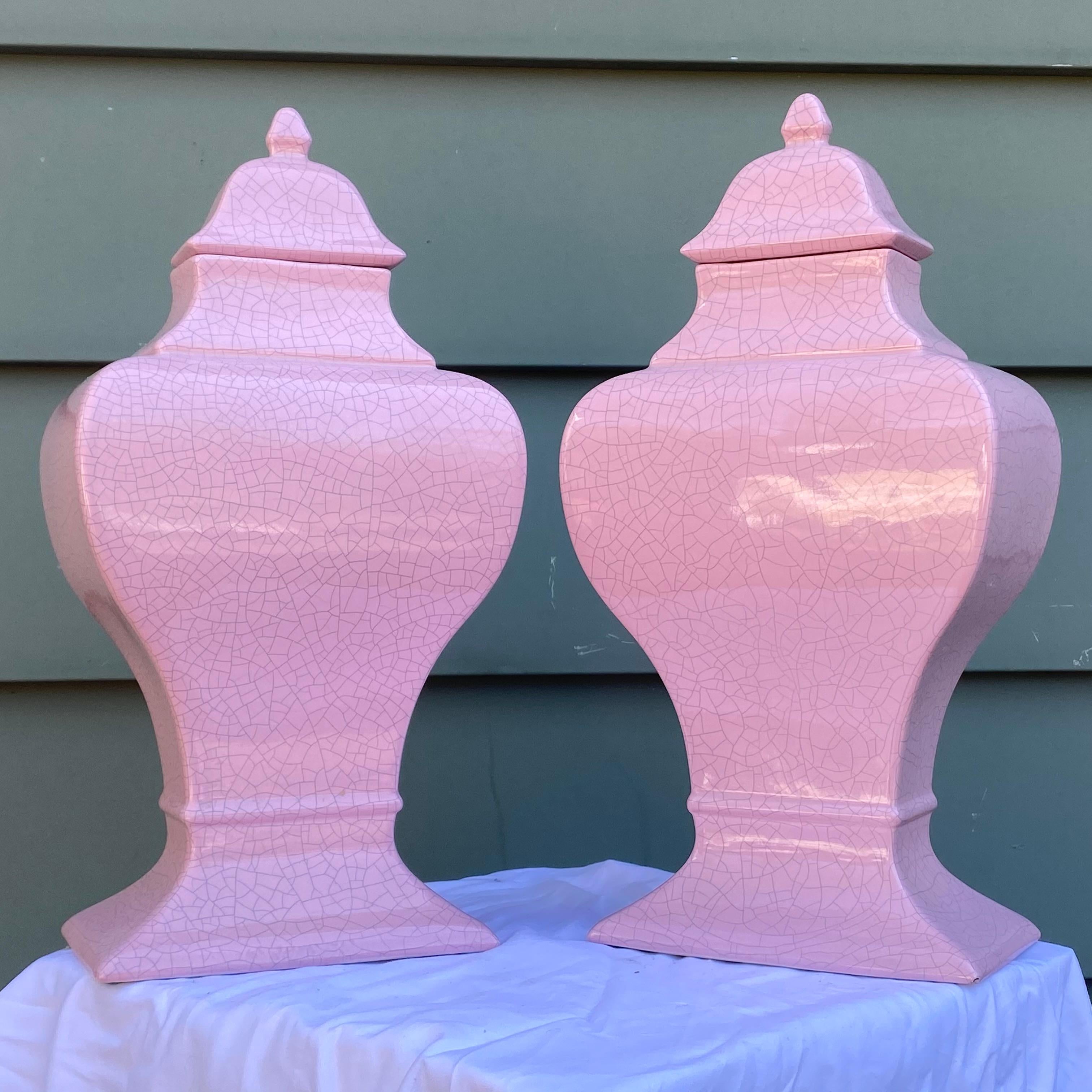 Pair 1980's Modern Jaru Pink Crackle Lidded Ceramic Jars 5